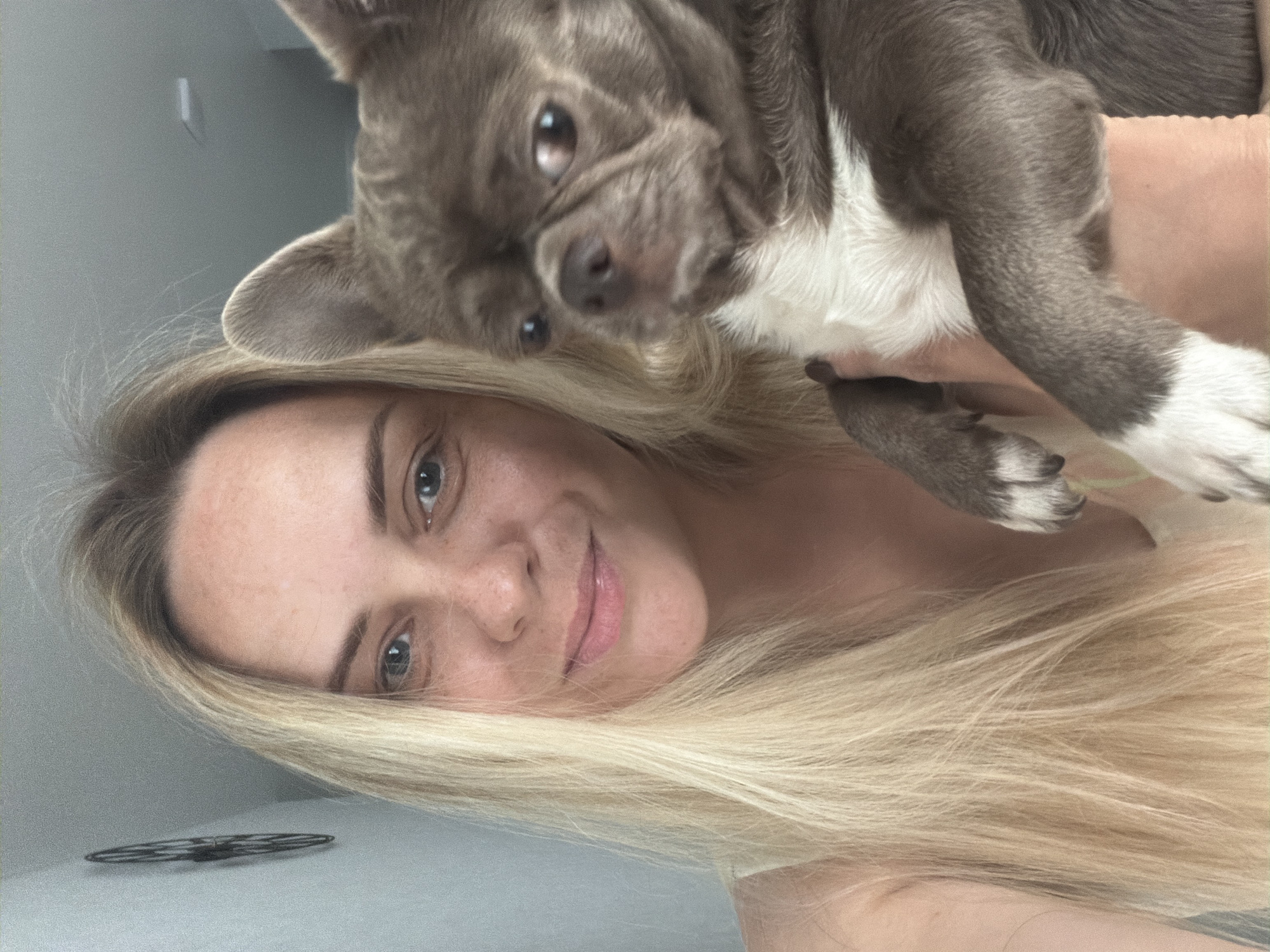 A woman with long blonde hair and fair skin, wearing a light-colored top, is holding a small grey and white dog in her arms. The woman is looking towards the camera with a slight smile, and her eyes are open. The dog, with large ears and dark eyes, is looking slightly away from the camera. The background appears to be an indoor setting, possibly a room with light-colored walls and a ceiling. A decorative circular object is visible on the wall to the left of the woman. The image was taken in Votkinsk, Russia.