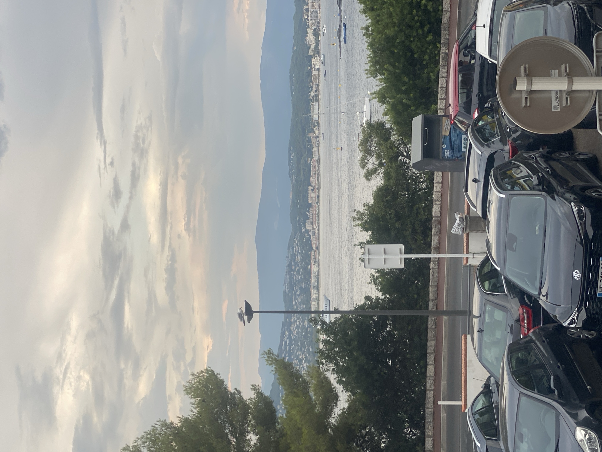 The image depicts a waterscape with a city and mountains in the background, viewed from a parking lot filled with several dark-colored cars. In the foreground, parked cars are visible, including a dark sedan and a dark hatchback. A tall lamppost with two seagulls perched on top stands in the middle ground, with a body of water behind it. The water is dotted with several sailboats and a larger vessel. Along the water's edge, a city with buildings and green hills rises up to meet a hazy mountain range. The sky is overcast with soft, diffused light. The scene appears to be Antibes, France, likely along the coast.