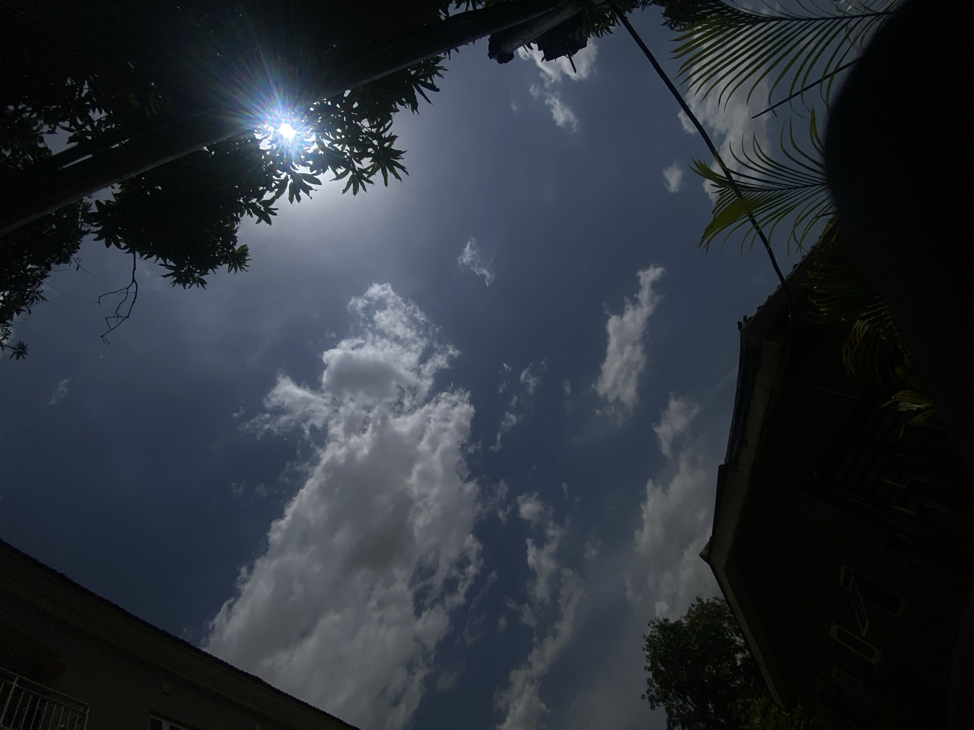 The image depicts a view of the sky with some cloud cover, framed by surrounding vegetation and buildings. The sun is visible at the top left, partially obscured by tree leaves, creating a bright glare. Buildings are visible at the bottom left and right, with their details obscured by shadow. The location in Barden Yana, Nigeria is not verifiable from the image.