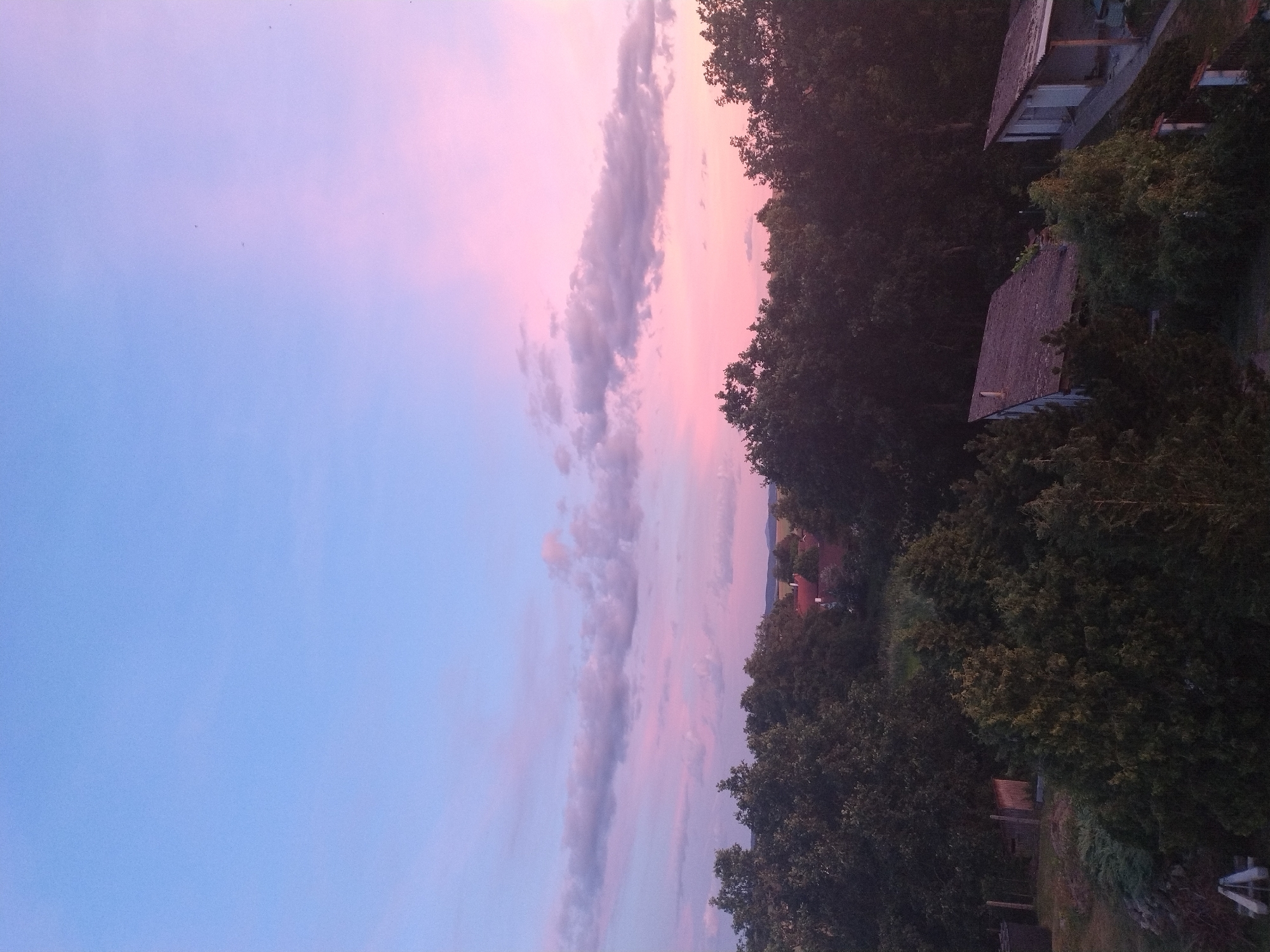 The image captures a twilight scene in Dobev, Czechia. The sky is a gradient of soft blues and pinks, indicating the time of day is either sunrise or sunset. Wispy clouds, tinged with pink, stretch across the sky.
The foreground is dominated by lush green trees, their dense foliage obscuring much of the ground. In the background, glimpses of buildings with pitched roofs can be seen peeking through the trees. One building appears to be constructed of wood and is partially covered in ivy, while another features a darker, tiled roof. The overall setting suggests a rural or semi-rural environment.
The low light conditions and the soft colors of the sky evoke a peaceful and serene atmosphere. There are no people or specific events visible in the image. The focus is on the natural beauty of the sky and the surrounding landscape. The orientation of the image is portrait.