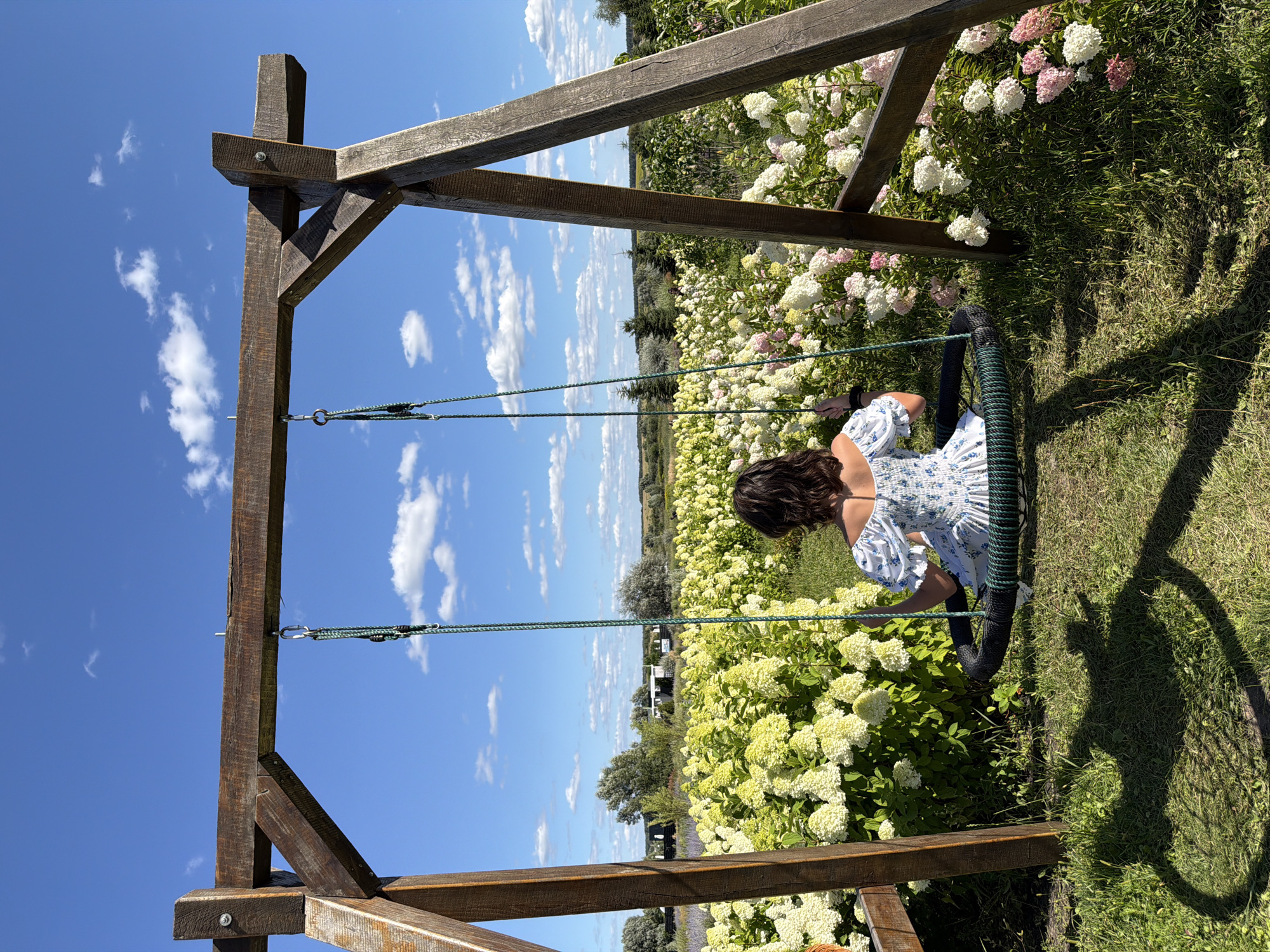 A young girl with dark hair, wearing a white off-the-shoulder dress with blue floral patterns, sits on a round swing suspended from a wooden A-frame structure. She is facing away from the camera, looking out at a field of hydrangeas in various shades of white, cream, and pink. The sky is blue with scattered white clouds. The swing set is set up in a grassy area adjacent to the flower field. In the background, there are trees and some structures that appear to be buildings. The location is identified as Severynivka, Ukraine. The image captures a serene outdoor scene on a sunny day.