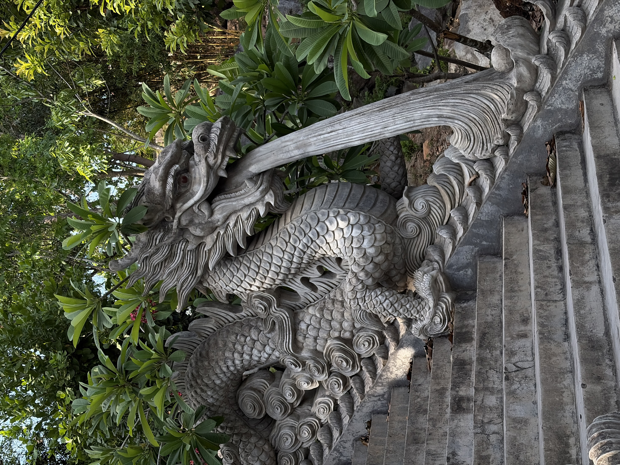 This is a close-up, eye-level, medium shot of a stone dragon sculpture on a concrete staircase. The dragon is a detailed representation with scales, fins, and a long, textured tongue extending from its mouth. The sculpture is positioned along the right side of a wide, outdoor staircase, with its body forming a decorative railing. The staircase is made of rough, grey concrete with visible cracks and some fallen leaves scattered on the steps. Behind the dragon and staircase, lush green foliage and trees create a natural backdrop, with hints of sunlight filtering through the leaves. The sky is visible in the upper portion of the image, appearing bright blue. The overall scene suggests an outdoor location, possibly a temple or historical site, in Tay Nha Trang Ward, Vietnam. There are no people or animals visible in the image.