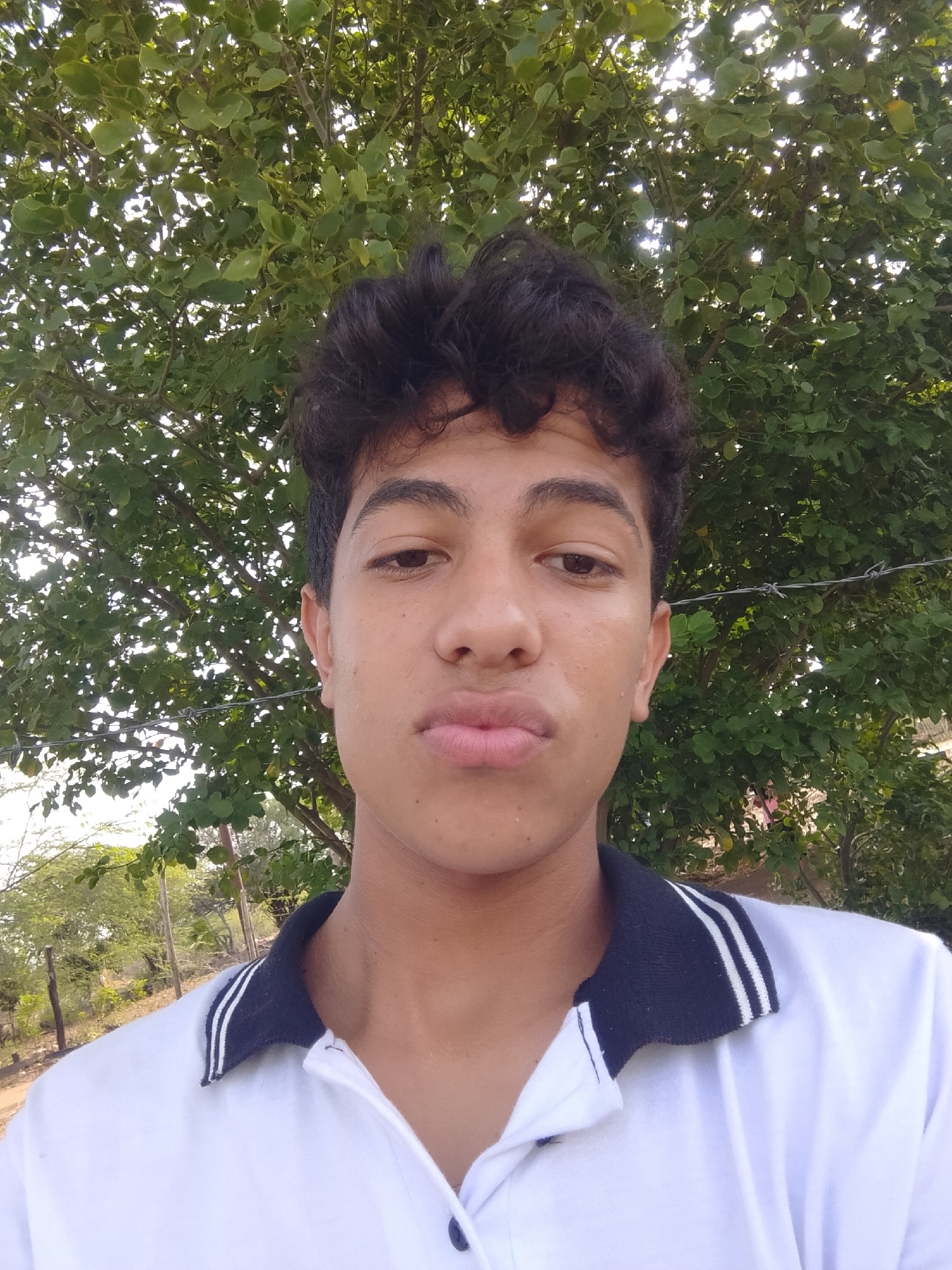A young male with dark, curly hair and medium-toned skin is pictured in a selfie, looking directly at the camera. He is wearing a white polo shirt with a dark collar trimmed with white stripes. The background is dominated by the lush green foliage of a tree, with hints of a bright, sunny sky peeking through the leaves. In the lower portion of the image, a barbed wire fence is visible, and beyond that, a sparse, dry landscape with some wooden posts and scattered vegetation suggests a rural or semi-rural setting. The lighting indicates it is daytime. The image was taken outdoors, likely in Altagracia, Venezuela, judging by the environment which is characteristic of the region.