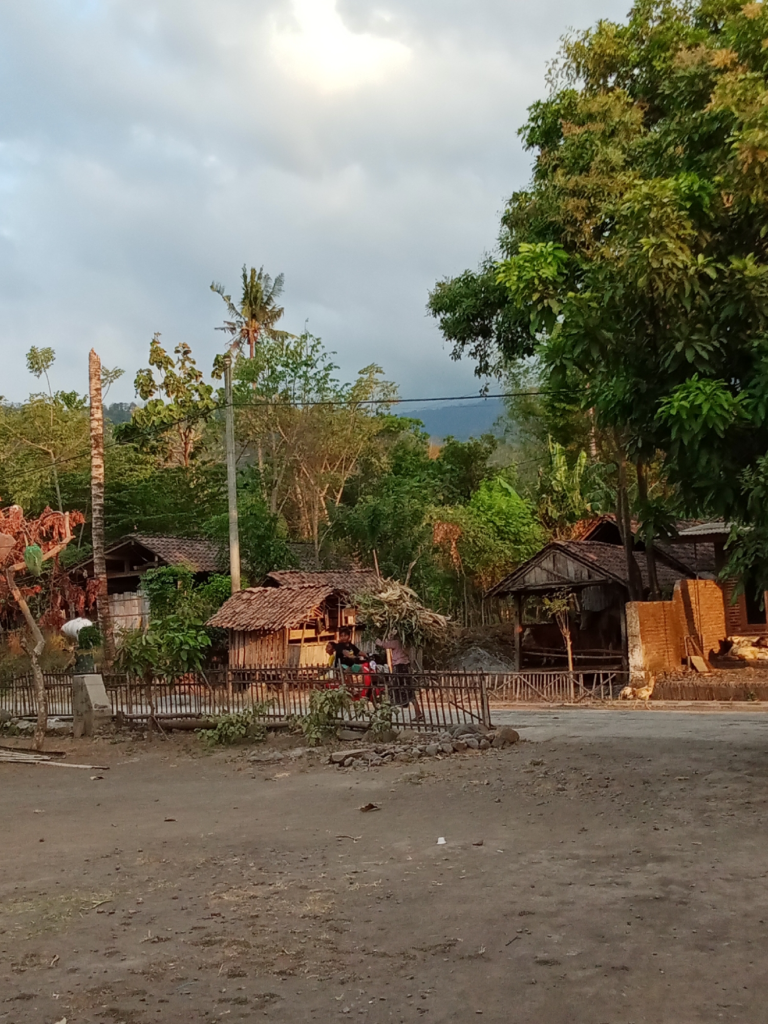 The image depicts a rural village scene in Selowogo, Indonesia, likely during late afternoon or early evening. The foreground is a dirt road with scattered debris. In the midground, several small, rustic houses with tiled roofs are visible, constructed from wood and bamboo. A fence made of bamboo poles encloses some of these structures. A person is seen on a motorcycle near one of the houses, and a chicken is present near a brick structure on the right. The background is dominated by lush green trees and foliage, with a faint outline of mountains in the distance. The sky is overcast with some brighter patches, suggesting diffused sunlight. The overall impression is one of a quiet, undeveloped village.