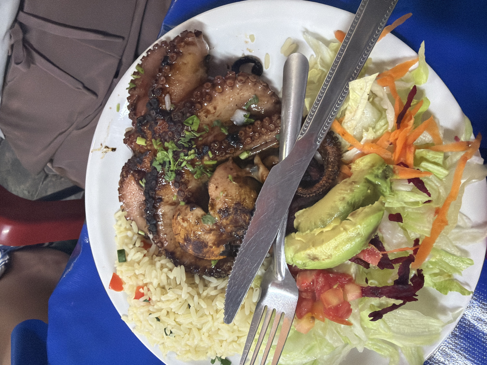 The image shows a plate of grilled octopus with rice, salad, and avocado, served in San Andrés Cholula, Mexico. The octopus is the main focus, grilled and garnished with green herbs. It sits alongside a portion of white rice mixed with small pieces of vegetables. The salad includes shredded lettuce, slivers of carrots, diced tomatoes, and avocado slices. A fork and knife rest on the plate, partially covering the food. The plate sits on a blue surface. In the background, parts of a person's clothing and a red chair are visible.