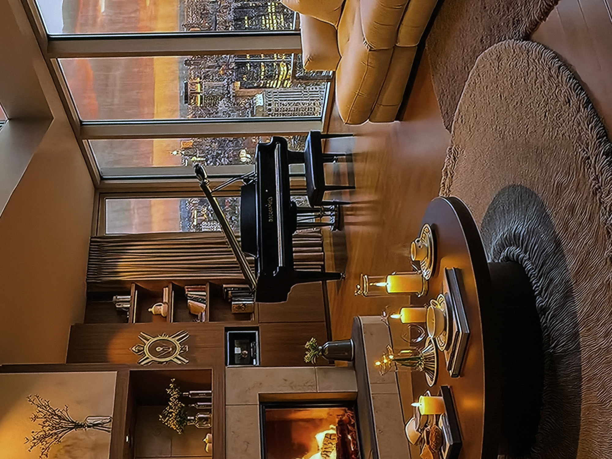 The image displays a luxurious and elegantly furnished living space, likely an apartment or penthouse, with a panoramic view of a city skyline at dusk or night. The room features large, floor-to-ceiling windows revealing a vibrant cityscape illuminated by numerous building lights and an orange-hued sky.
In the foreground, a large, dark circular coffee table is adorned with several lit candles in glass holders and decorative trays, some featuring teacups and saucers. Adjacent to the table is a textured, light brown circular rug, partially extending under a plush, light-colored sofa visible in the upper right.
Dominating the mid-ground is a glossy black grand piano, identified by the visible text "STEINWAY & SONS" on its body, accompanied by a matching bench. The piano is positioned to face the expansive city view. To the left of the piano, a section of windows is covered by horizontally slatted blinds.
The left side of the room features built-in wooden shelving units. These shelves hold various decorative items, including books, vases, and a prominent gold-colored, ornate medallion or clock. Below these shelves, a modern fireplace with a glowing fire adds warmth to the ambiance. On a lower shelf to the left, a framed picture depicts branches in a vase. Small green plants are also placed on shelves and the fireplace mantel.
No people are visible, suggesting a tranquil and inviting evening setting. The warm lighting from the candles, fireplace, and the city lights outside creates a sophisticated and cozy atmosphere. The polished wooden floors and contemporary design elements contribute to the luxurious feel of the space, which is located in Sofiivska Borshchahivka, Ukraine.