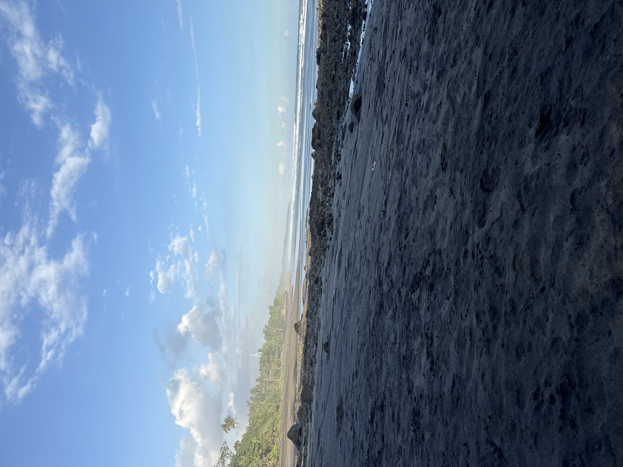 The image depicts a coastal scene in Unknown, Unknown. The foreground features dark sand leading to a shoreline with visible wave action. Beyond the shoreline is a lush green area with trees, possibly palm trees. Above, a blue sky is punctuated by scattered white clouds. No people are visible in the frame. The image is taken from a low angle, emphasizing the texture of the sand.