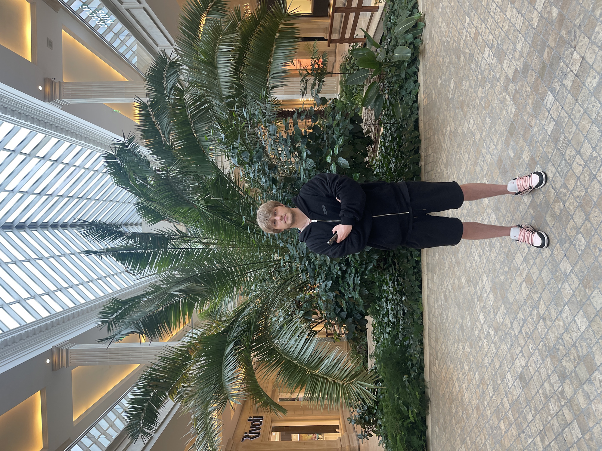 A young Caucasian man with blonde hair is standing in an indoor atrium with lush greenery and a large palm tree. He is wearing a black zip-up hoodie and black shorts, with white and pink athletic shoes. His arms are crossed, and he is holding a phone in his left hand. He is looking towards the camera with a neutral expression.
The setting appears to be a shopping mall or a similar indoor public space, suggested by the patterned tiled floor, large windows that resemble a skylight, and columns. There is visible text on a storefront in the background that reads "Rivoli." The lighting suggests it is daytime. The environment is well-lit, with warm artificial lights visible in the ceiling structure. The greenery and the palm tree create a tropical or botanical atmosphere within the building. The overall impression is casual and relaxed.