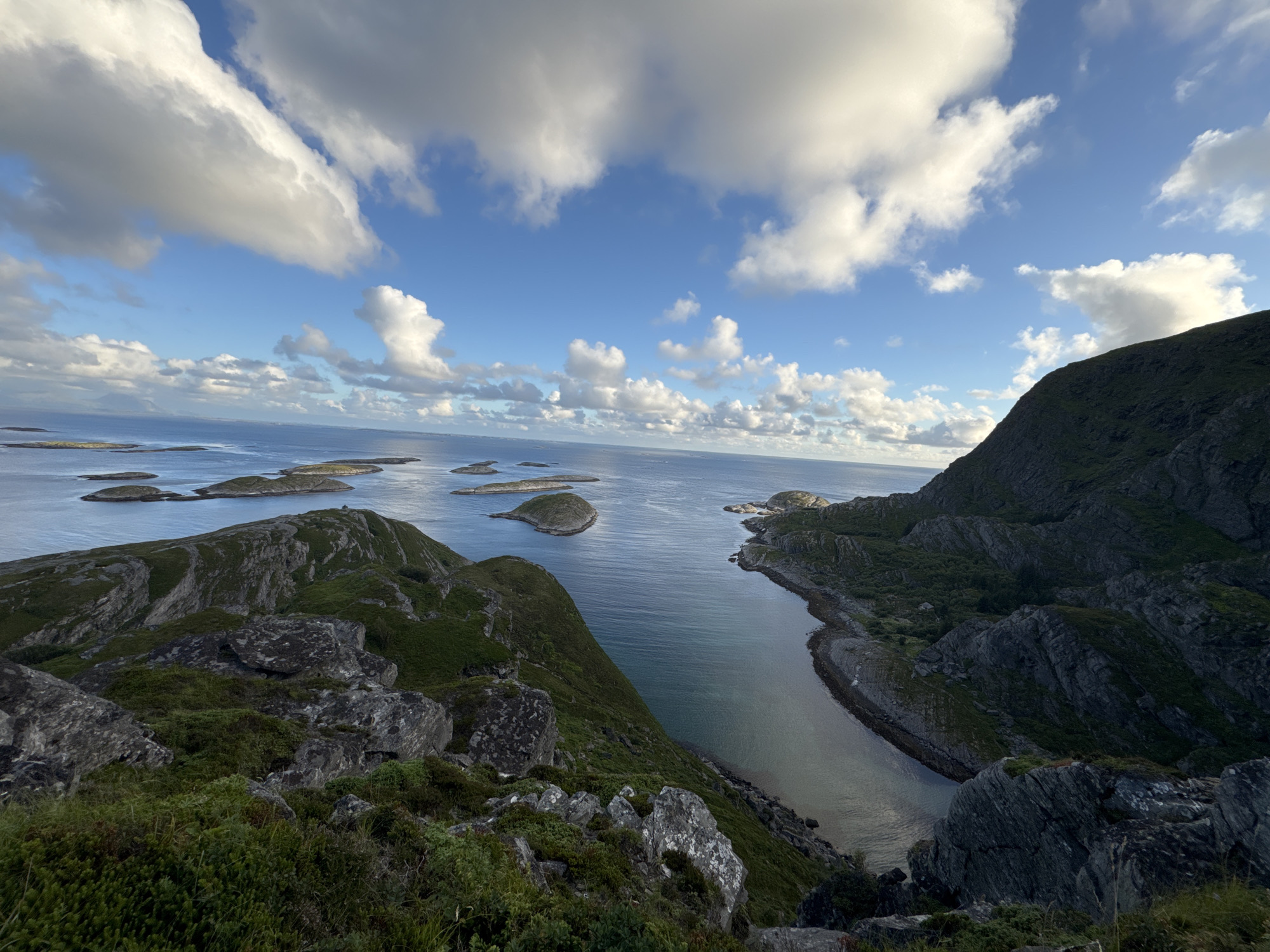 This is a high-angle, wide-shot photograph taken from a rocky, vegetated cliff overlooking a tranquil ocean bay in Lovund, Norway. The sky is a vibrant blue, dotted with large, fluffy white clouds. In the distance, numerous small, green islands are scattered across the calm, blue water. The foreground is dominated by rough, grey rocks and patches of green grass and moss. The middle ground features a steep, verdant slope leading down to the water's edge, with a narrow inlet of the sea curving into the landscape. The right side of the image is defined by a dark, rocky, and heavily vegetated hillside. The overall scene depicts a rugged, natural coastal environment under a partly cloudy sky.