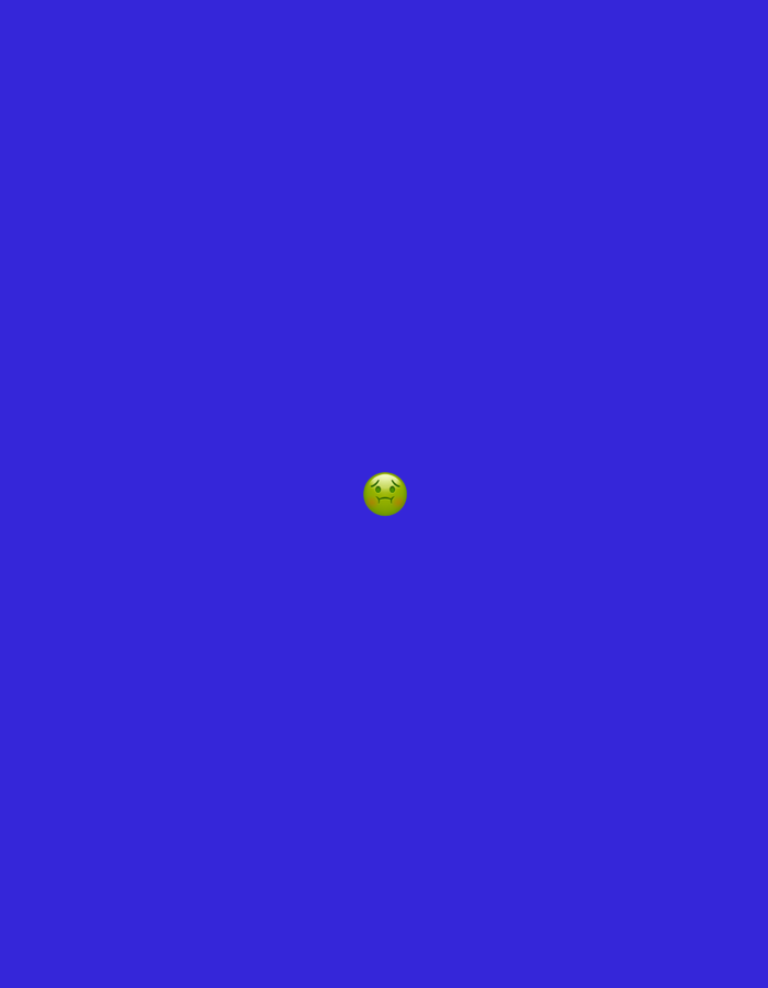 This image, located in the city of Santa Ana, Venezuela, features a solid, uniform royal blue background that fills the entire frame. Centrally positioned is a small, circular digital emoji, rendered in shades of chartreuse and yellow-green. The emoji depicts a facial expression associated with nausea or sickness, characterized by a slightly furrowed brow, downcast eyes, and a small, puckered mouth suggesting discomfort. No other discernible subjects, objects, or environmental details are present in the frame.