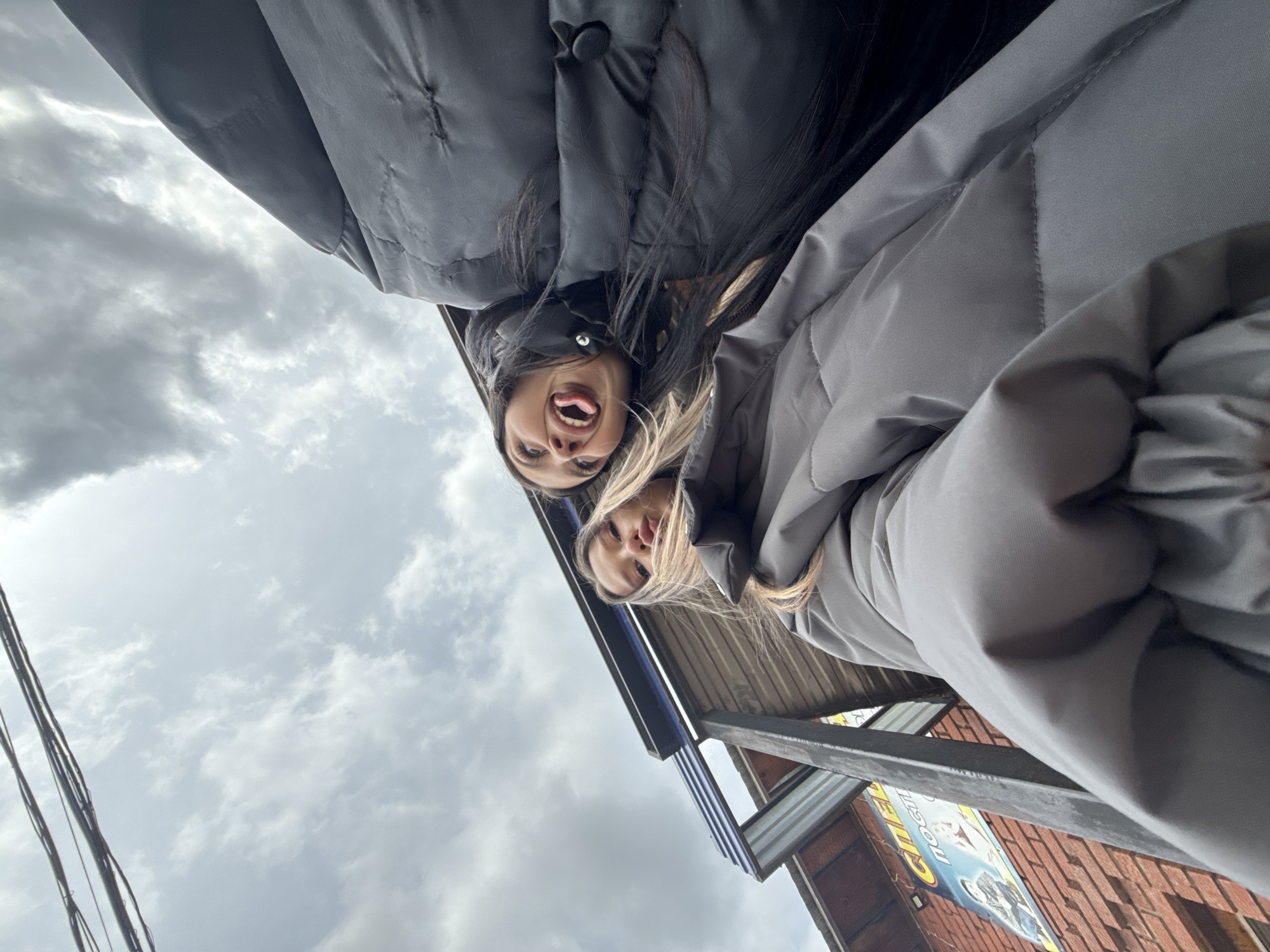 Two young women are captured in a low-angle selfie, looking upwards towards the camera. The woman on the left, with long dark hair and wearing a black puffer jacket, makes a playful expression with her tongue sticking out. The woman on the right, with blonde hair and a grey puffer jacket, is partially visible.
The scene is set outdoors under an overcast sky filled with grey clouds, indicating daytime. In the upper left quadrant, several power lines or cables are visible against the cloudy backdrop. To the right and below the subjects, parts of a building or structure are seen, including a reddish-brown brick wall and a metallic canopy or support structure. A poster is affixed to the brick wall.
Visible text on the poster, written in Cyrillic, clearly reads "СИСТЕМА ДОСТУПНОГО" (meaning "System of Accessible/Affordable"). The overall mood of the image is casual and lighthearted.