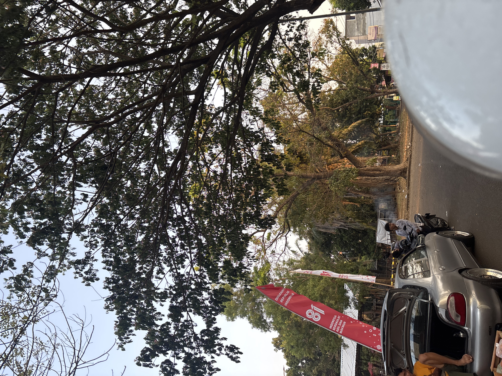 The image depicts an outdoor scene in the city of Cirebon, Indonesia, likely during daylight hours. In the foreground, the top of a white object, possibly a helmet or vehicle, partially obstructs the view. To the left, a silver sedan with its trunk open is parked on the side of a road. A person wearing a yellow shirt is partially visible sitting in the open trunk. A motorcycle is parked next to the sedan, with a person in a patterned shirt standing beside it.
Behind the vehicles, a large tree with dense foliage dominates the upper portion of the frame. To the left of the tree, a red banner with Indonesian text and the number "81" is prominently displayed, suggesting a celebration or event. Further in the background, there are more trees, some buildings, and what appears to be a small roadside market or food stalls. The overall environment suggests a somewhat urban or semi-urban setting with significant tree cover. The lighting suggests it might be late afternoon, with some warm tones illuminating parts of the scene.