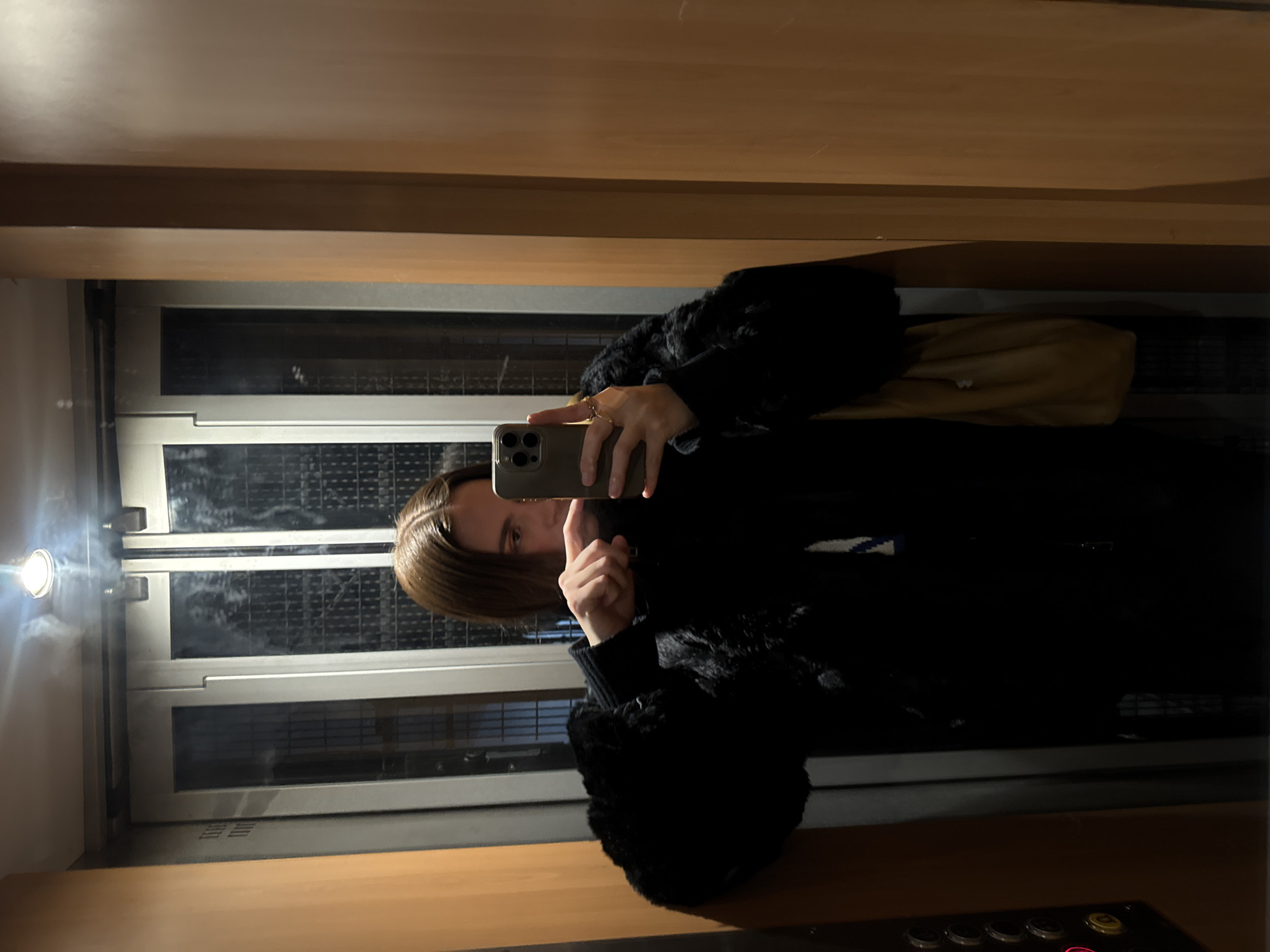 A person is taking a selfie in an elevator. The person has shoulder-length brown hair and is wearing a black coat. The elevator has mirrored walls and metal doors. There is a panel of elevator buttons visible at the bottom of the frame. The setting appears to be indoors, but no specific location in Paris, France can be determined from the image.