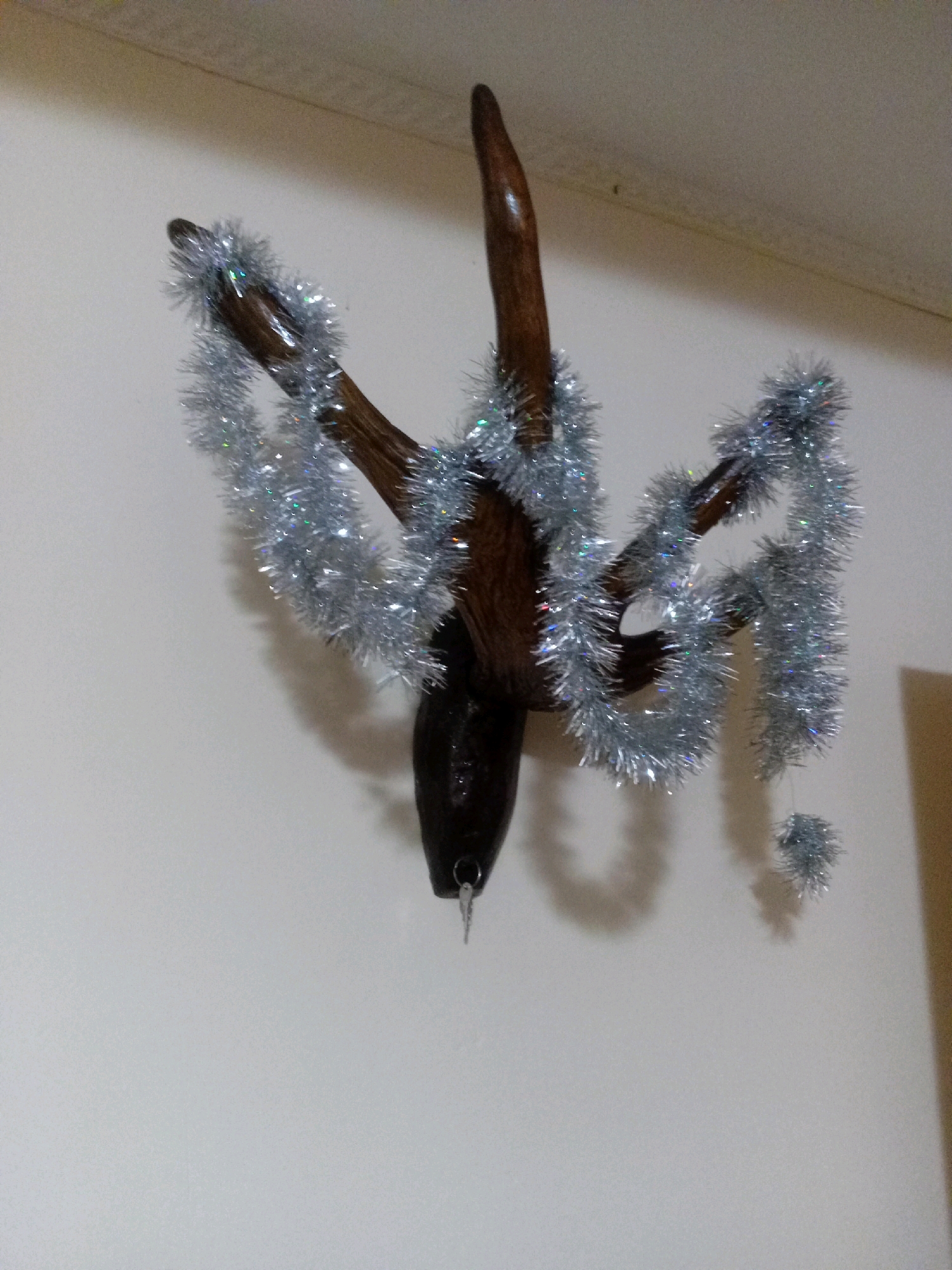 The image shows a close-up of a decorative object mounted on a light-colored wall. The object appears to be made of wood and resembles antlers, possibly from a deer, as it has multiple branching points. Silver tinsel is wrapped around the wooden structure, giving it a festive or seasonal appearance. A small, dark object with a key hanging from it is attached to the bottom of the wooden structure. The overall impression is of a rustic, decorative item, possibly a wall mount. There is no indication of the city of Tiachiv, Ukraine, or any specific location.