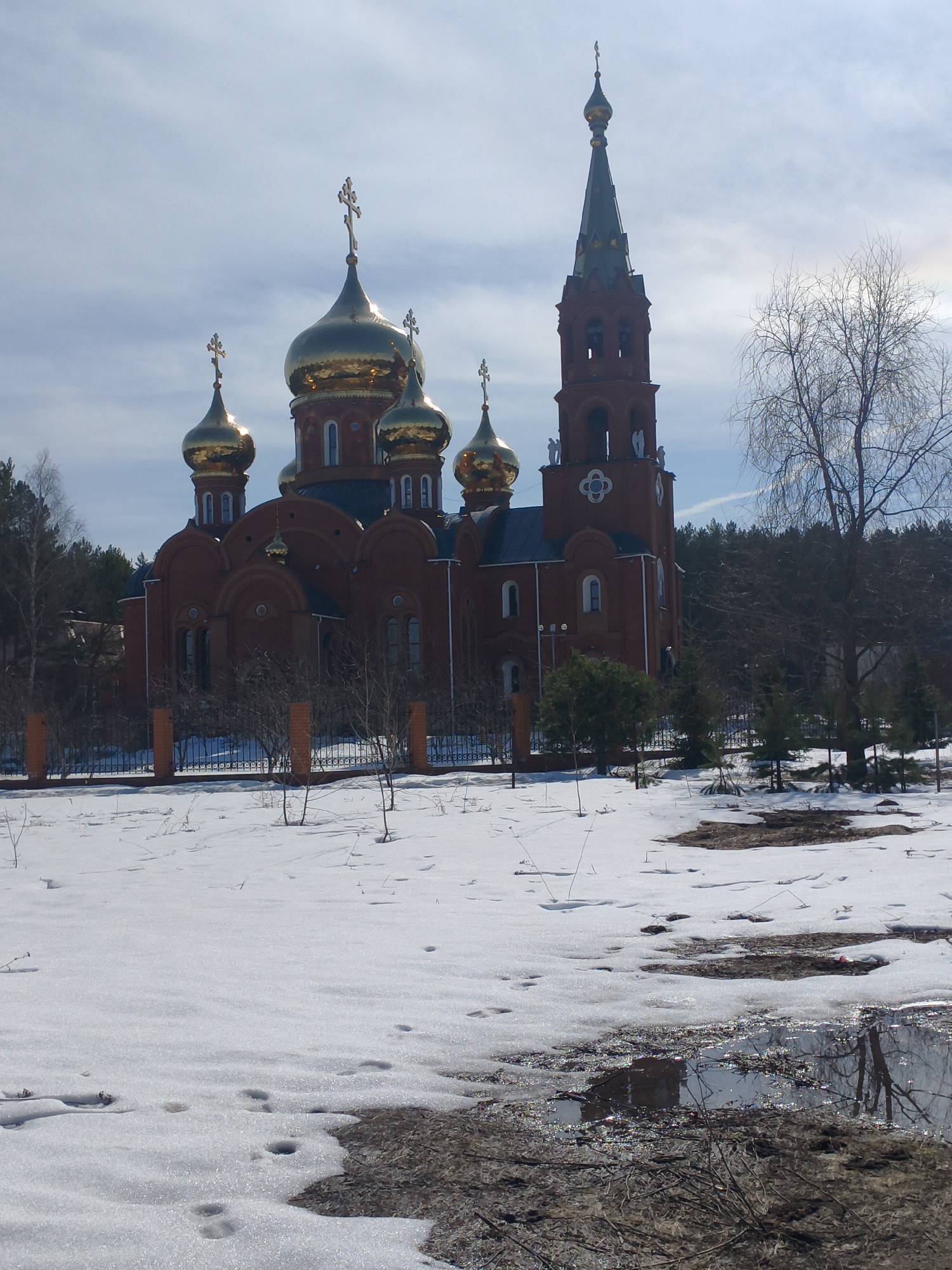The image depicts the Church of the Holy New Martyrs and Confessors of Russia in Chaikovsky, Russia, on a partially snow-covered ground. The church is a large, brick structure with multiple golden domes topped with Orthodox crosses. To the right of the main building is a tall, narrower tower with a spire. A fence surrounds the church grounds. The foreground is covered with melting snow, revealing patches of bare earth and puddles reflecting the sky and nearby trees. Bare trees are visible to the right of the church, with a forest in the background. The sky is partly cloudy.