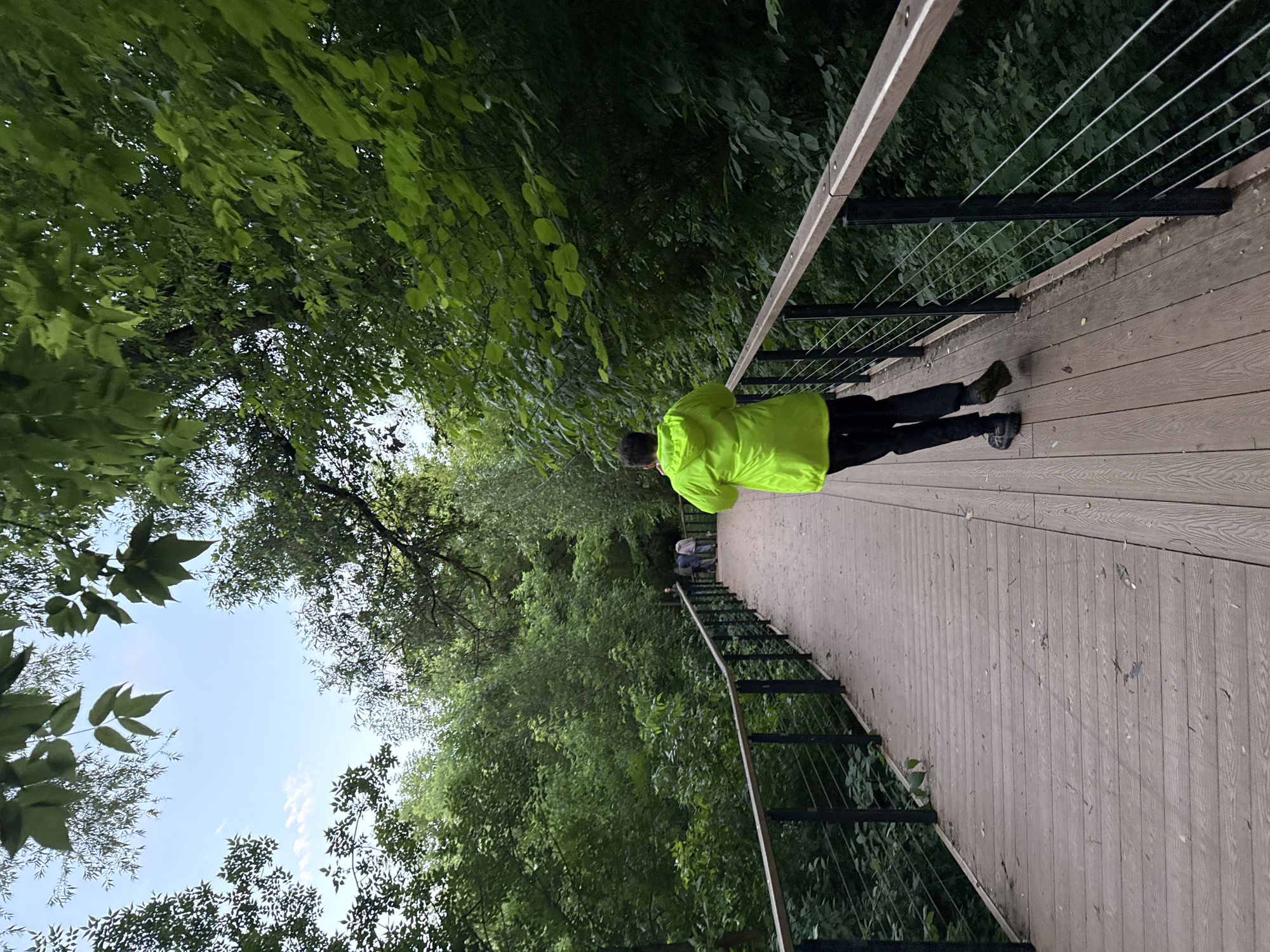 A person wearing a bright yellow jacket walks on a wooden boardwalk that curves to the left. They are walking away from the camera. The boardwalk is lined with a railing that has black vertical posts and thin metal cables. Trees with lush green foliage surround the boardwalk on both sides. In the distance, on the left side of the boardwalk, a small group of people are walking. The sky above is a light blue with a few wispy clouds. The scene appears to be in a park or nature area within Moscow, Russia.