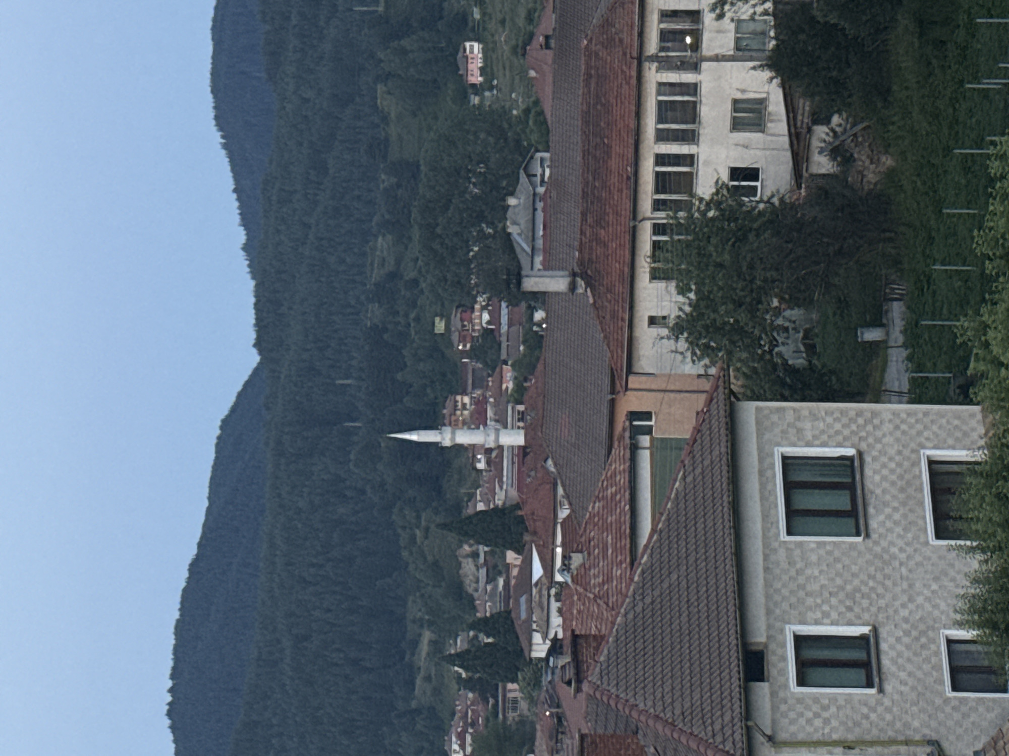 The image depicts a panoramic view of the town of Barutin, Bulgaria. The foreground features a close-up of the upper floors of two residential buildings, characterized by their tiled roofs and textured grey facades. The building on the left has two windows on its upper level and one on the lower level, all with dark-colored panes. The building on the right is a larger, lighter-colored structure with a long row of windows on its second story.
In the middle ground, a dense cluster of houses with red-tiled roofs forms the town's core. Notably, a white minaret stands tall among the buildings, indicating the presence of a mosque. Tall, dark green coniferous trees are scattered throughout the town.
The background is dominated by rolling hills covered in a thick forest of dark green trees. The sky above is a pale, overcast blue. The overall impression is that of a quiet, rural European town nestled within a natural landscape.
