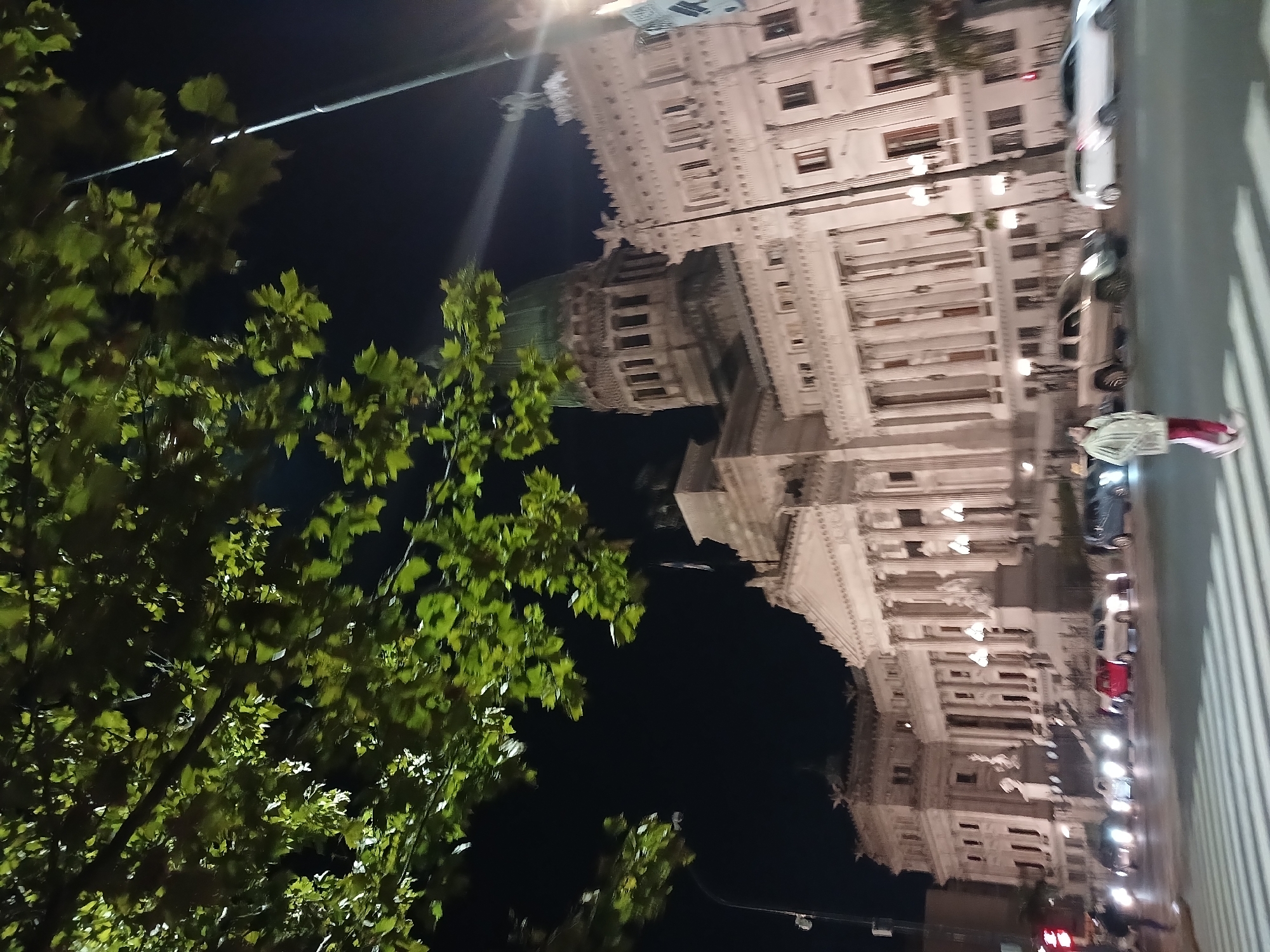 The image shows the Argentine National Congress building at night in Buenos Aires. The building is brightly lit, revealing its ornate facade and dome. A tree with green leaves is in the foreground. Cars are parked along the street, and a person is visible on the sidewalk. The setting is urban, with streetlights and other buildings visible in the background.