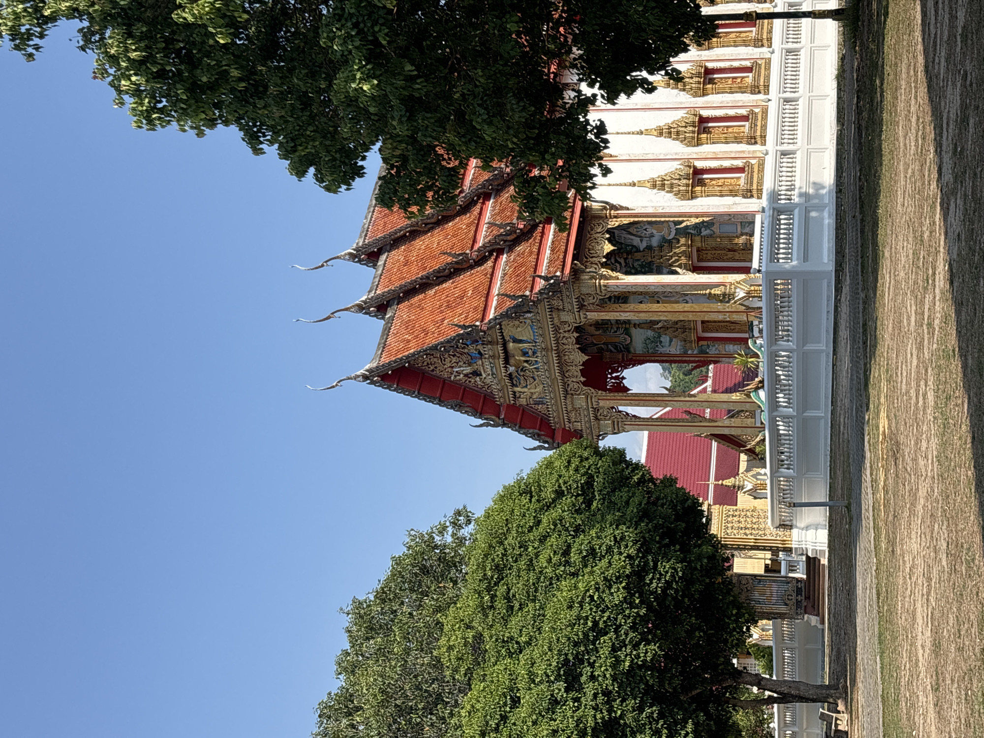 An outdoor, eye-level shot captures a magnificent Thai temple, likely a Wat, set against a clear, vibrant blue sky in Choeng Thale, Thailand. The temple building, oriented horizontally across the frame, features a striking multi-tiered, red-orange tiled roof with ornate, upturned finials (chofa) characteristic of traditional Thai architecture. The gables and eaves are intricately decorated with gold accents and colorful patterns. The main facade is primarily white, adorned with numerous gilded window frames and elaborate carvings. A white balustrade or railing runs along the front of the structure.
Lush green trees with dense foliage partially frame the temple, appearing in the upper left and lower left foreground, adding a natural element to the scene. On the right side, a dry, possibly grassy or dirt ground area extends alongside the temple. The bright sunlight indicates it is daytime with good weather, casting some shadows on the ground. There are no people visible, and no specific activity is taking place, presenting a serene view of the sacred site. No visible text is present.