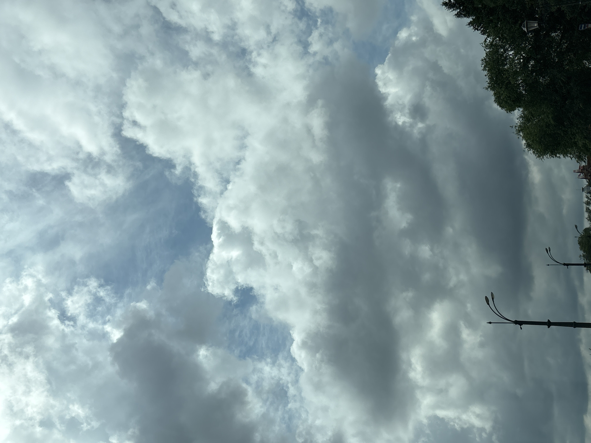The image depicts a cloudy sky with patches of blue visible. In the foreground, two streetlights are visible. The one on the left is taller and more prominent, while the one on the right is smaller and partially obscured by trees. Lush green trees are also present in the lower part of the image, along with the rooftops of buildings. The scene appears to be in an urban or semi-urban environment. The overall impression is one of an overcast day. No specific details about Blagoveshchensk, Russia are discernible from the image itself.