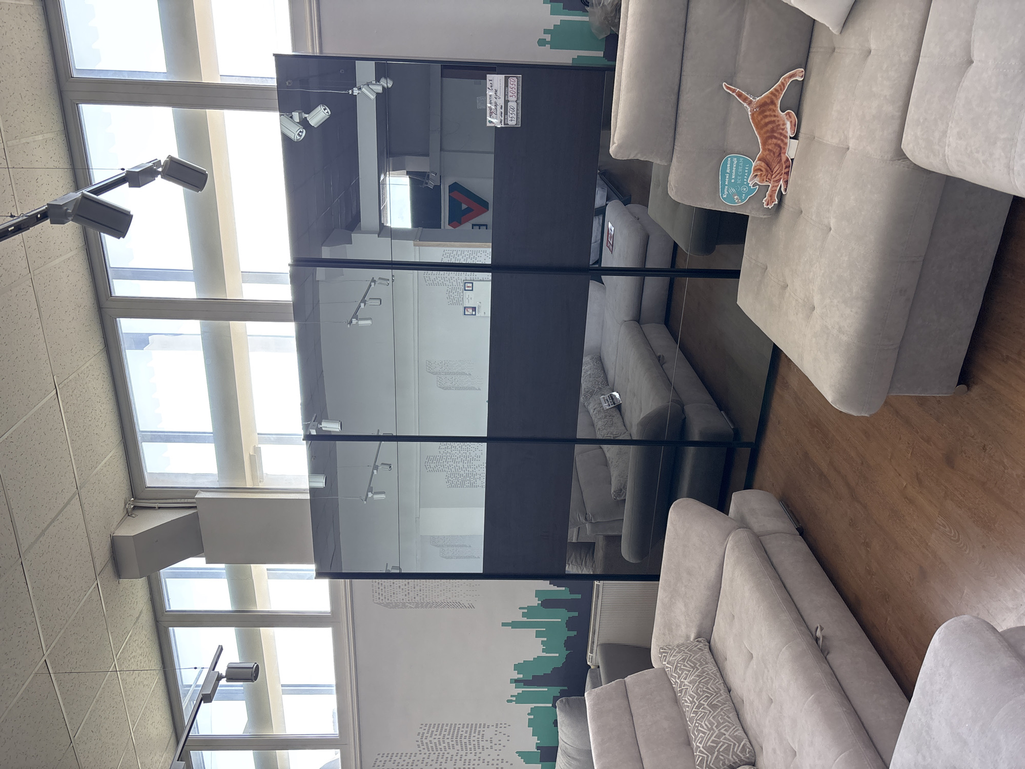 This is an interior photograph of a furniture store, possibly a showroom, with a focus on sofas. The room has a light-colored, textured ceiling with suspended track lighting. Large windows line the upper part of the walls, allowing natural light to enter. The walls feature a graphic design of city skylines in green and dark blue on the left and right sides.
In the foreground and mid-ground, several large, upholstered sofas in various configurations are displayed. The sofas are predominantly in neutral, light colors such as beige and gray. One sofa in the lower left has a patterned lumbar pillow. Another sofa in the lower right has a sticker of an orange tabby cat on it. A large mirrored partition divides the space, reflecting more sofas and the ceiling.
Behind the mirrored partition, more sofas are visible, some appearing to be modular sectionals. There is a radiator visible between a sofa and the wall on the left. A price tag is visible on a sofa reflected in the mirror on the right, displaying prices in what appears to be Ukrainian Hryvnia.
The overall impression is that of a well-lit, modern furniture showroom. The location is identified as Zaporizhzhia, Ukraine.