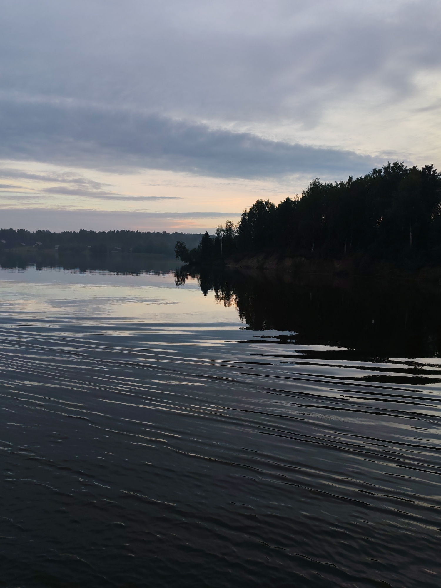 The image shows a wide, calm river in Kondratovo, Russia, under a cloudy, dusky sky. The water is dark and reflects the muted colors of the sky and the dark treeline on the far bank. In the foreground, ripples spread across the water, indicating movement. The treeline is dense with dark green foliage, and the bank appears to be a mix of sand and soil. The overall atmosphere is serene and somewhat melancholic. There are no people or animals visible in the image.
