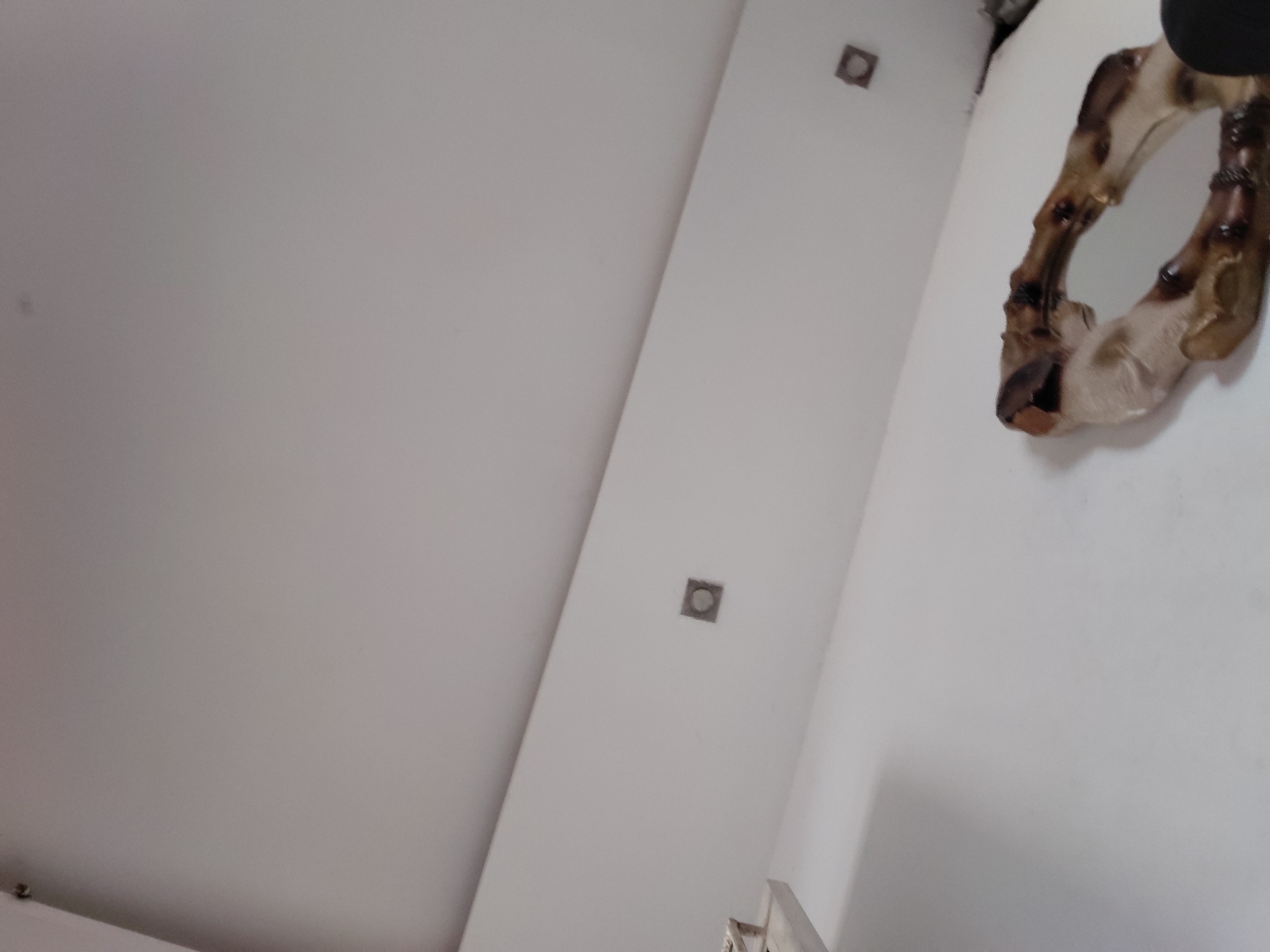 This image displays an interior architectural scene, primarily composed of white walls and ceiling surfaces. The composition is dominated by a diagonal line formed by the intersection of a wall and potentially a ceiling or another wall, creating distinct white planes.
On the right side of the frame, a prominent decorative object is mounted on a white wall. This object appears to be a unique, organic-shaped frame or sculpture, possibly crafted from polished wood or bone, featuring a mix of rich brown and lighter, creamy tones. Its irregular, curved, and somewhat gnarled texture gives it a distinctive aesthetic.
Two square recessed fixtures, likely lights or vents, are visible embedded in the white surfaces. One is located in the upper central area, and another is positioned below and to the left of the diagonal architectural line. A small, dark speck is faintly visible on the upper left white surface. At the very bottom center, a sliver of a metallic element, possibly part of a railing or furniture, can be seen.
The setting suggests a clean, modern indoor environment in Santa Ana, Venezuela. There are no people visible, and no specific activity is taking place. The lighting is uniform and diffuse, characteristic of interior illumination, providing no cues about the time of day or external weather. No discernible text is present within the image.