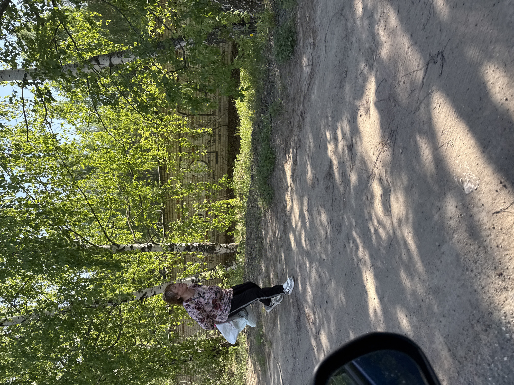 The image, likely taken from a car's interior, shows an elderly woman walking on a dirt path in Chaikovsky, Russia. She wears a floral-patterned long-sleeved shirt, dark pants with a stripe down the side, and light-colored sneakers. She carries a light-colored plastic bag. To her left are birch trees, their leaves full and green, and behind them is a brick wall with writing on it. The path is sandy and has shadows of trees cast across it. The car's side mirror is partially visible in the lower right corner of the frame.