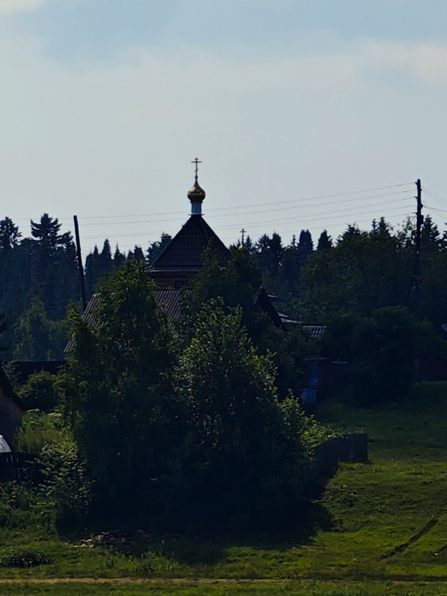 An outdoor, slightly elevated, medium-shot captures a church with a golden dome and a cross, rising above dense green trees. The church, partially obscured by foliage, has a dark, multi-faceted roof and appears to be a focal point of the scene. In the background, a pale blue sky is visible with faint horizontal lines that suggest power lines. The surrounding environment is lush with trees and vegetation, with a grassy area in the foreground. The overall impression is one of a serene, rural landscape. The image appears to be of the Church of the Ascension in Ust-Kem, Russia, based on contextual information not present in the image itself.