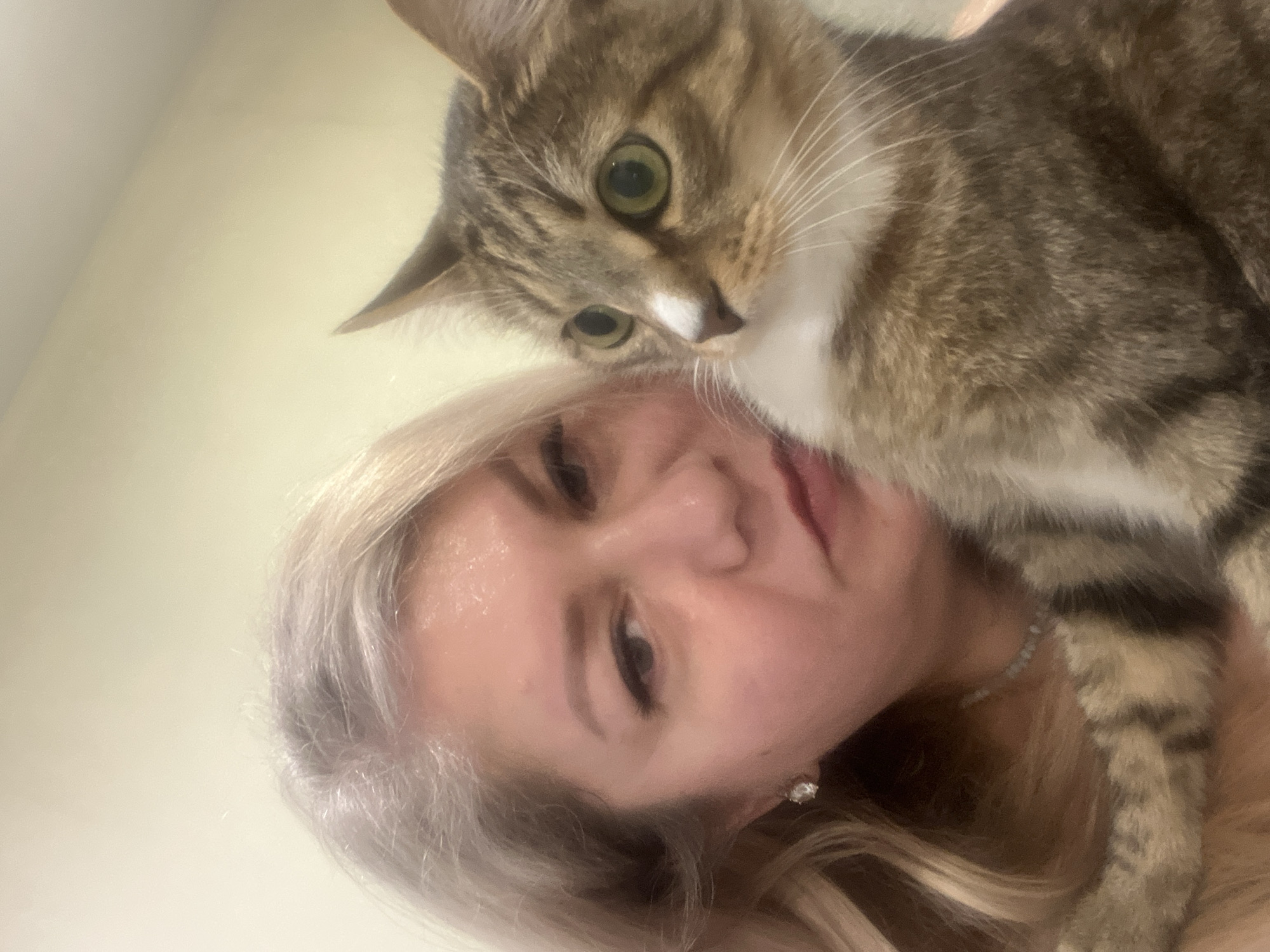 A woman with blond hair is holding a tabby cat. The cat is leaning on her head and looking directly at the camera. The woman is looking up at the camera. The background is a pale yellow wall. The image was not taken in Izhevsk, Russia, there is nothing in the image to suggest that location.