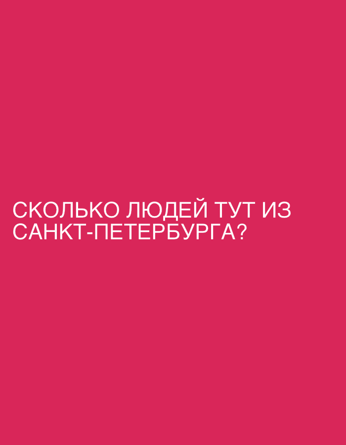 The image is a pink rectangle with white text that reads "СКОЛЬКО ЛЮДЕЙ ТУТ ИЗ САНКТ-ПЕТЕРБУРГА?" which translates to "How many people here are from Saint Petersburg?". The location is implied to be Saint Petersburg, Russia. The text is inquiring about the number of people present who are from the city.