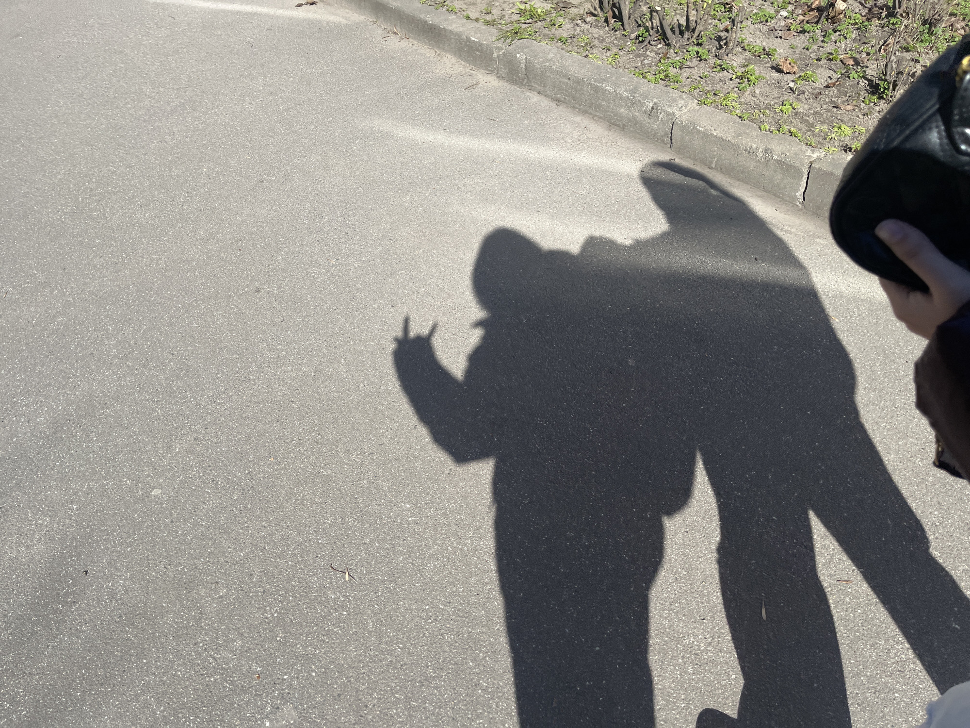 The image depicts a shadow cast on an asphalt surface, likely a street or sidewalk. The shadow appears to be of two individuals, one possibly a child making a "peace" sign with their hand. To the right, a hand is visible holding a black leather purse or bag. A concrete curb runs along the top of the frame, separating the asphalt from a small strip of land with sparse vegetation. Based on the architectural style of the curb, the location is likely in Saint Petersburg, Russia.