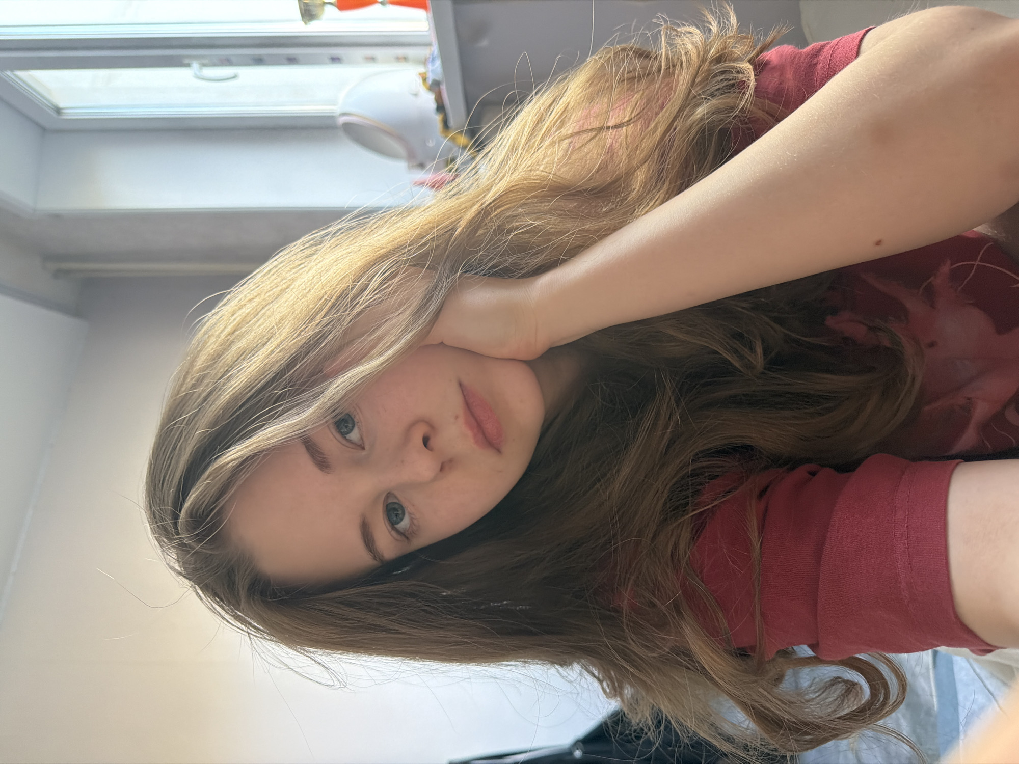 A young woman with long, blonde hair and blue eyes is positioned in the foreground. She is wearing a dark red shirt. Her left arm is raised and her hand is resting on her cheek. The background shows a window and a white object, possibly a lamp. The location of the scene is not evident from the provided information.