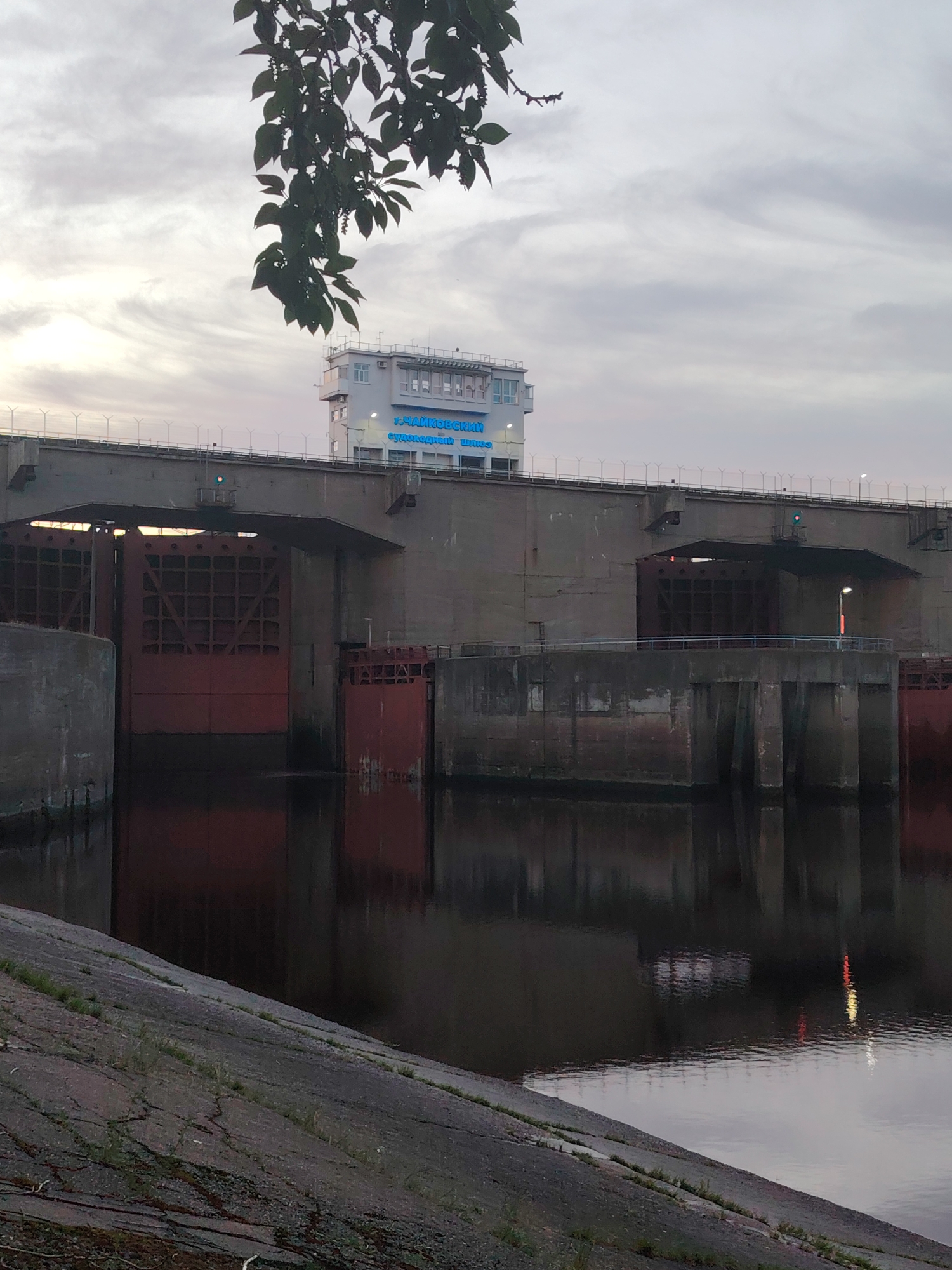 A vertical shot captures a large concrete hydraulic structure, likely a dam and navigation lock system, at what appears to be dusk or dawn. Dark green foliage from tree branches hangs from the top-left foreground, partially framing the overcast sky.
The central feature is a massive concrete wall with several large, reddish-brown metal lock gates. Some gates are partially submerged in the dark, still water. Above the main structure, a multi-story white building with a flat roof, possibly a control center, stands prominently. Its facade features glowing blue Cyrillic text which reads: "Г. ЧАЙКОВСКИЙ" (G. Chaikovsky - "City of Chaikovsky") and "СУДОХОДНЫЙ ШЛЮЗ" (Sudokhodny Shlyuz - "Navigation Lock"). The building has multiple windows, some dimly lit.
Below the concrete structure, the calm body of water reflects its surroundings and subtle light sources, including an orange glow from a distant streetlamp on the right. In the lower left, a sloped, cracked concrete or paved bank, sparsely covered with green grass, descends towards the water.
The sky is overcast with soft, wispy clouds, indicating either early morning or late evening light. The overall scene is static, with no human activity visible, emphasizing the scale and engineering of the infrastructure. The setting is Chaikovsky, Russia, as indicated by the text on the building. The mood is quiet and industrial.