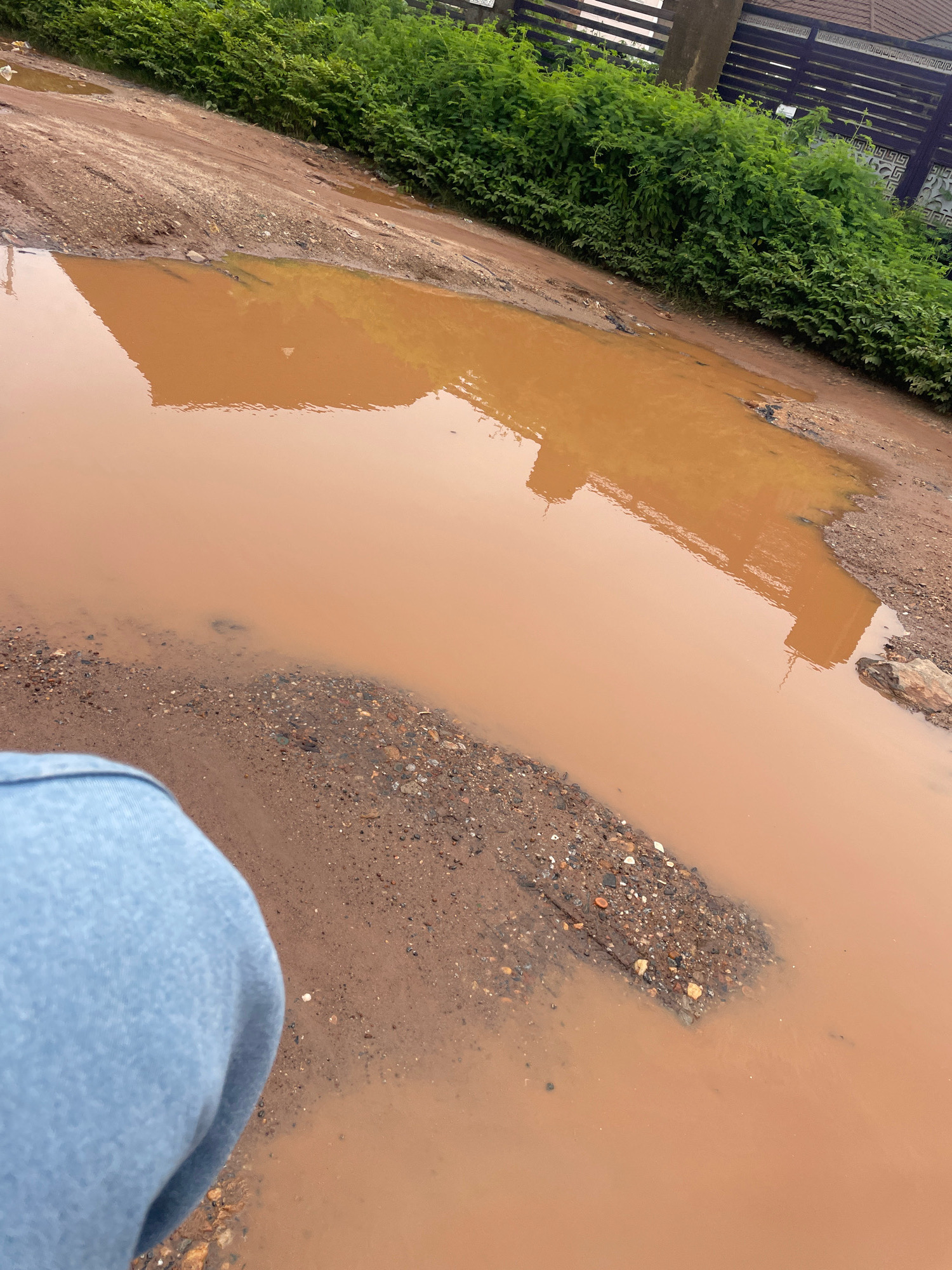 A muddy puddle reflects buildings, with a person's legs in the foreground, near lush green foliage bordering a road in Abuja, Nigeria.