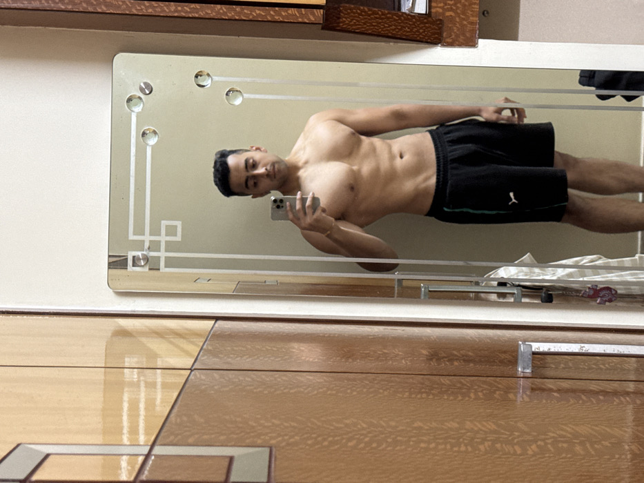 The scene depicts a domestic interior, consistent with a private residence in Kolkata, India. A single male individual, appearing in his 20s or early 30s, is captured in a mirror selfie. He is standing shirtless, wearing black athletic shorts with a white Puma logo and a green vertical stripe on the left leg. He holds a light-colored smartphone in his right hand, positioned to photograph his reflection. A light-colored bracelet is visible on his right wrist. The mirror features an etched geometric border design with five circular decorative elements on its upper right side. To the left of the mirror, a multi-paneled wooden wardrobe or cabinet with a distinct light brown grain pattern is visible. To the right, a darker wooden furnishing is partially observed. Behind the mirror's lower left edge, a striped white and grey fabric item and a small pink object resembling a keychain are suspended. The wall reflected in the mirror and above it is light-colored.
