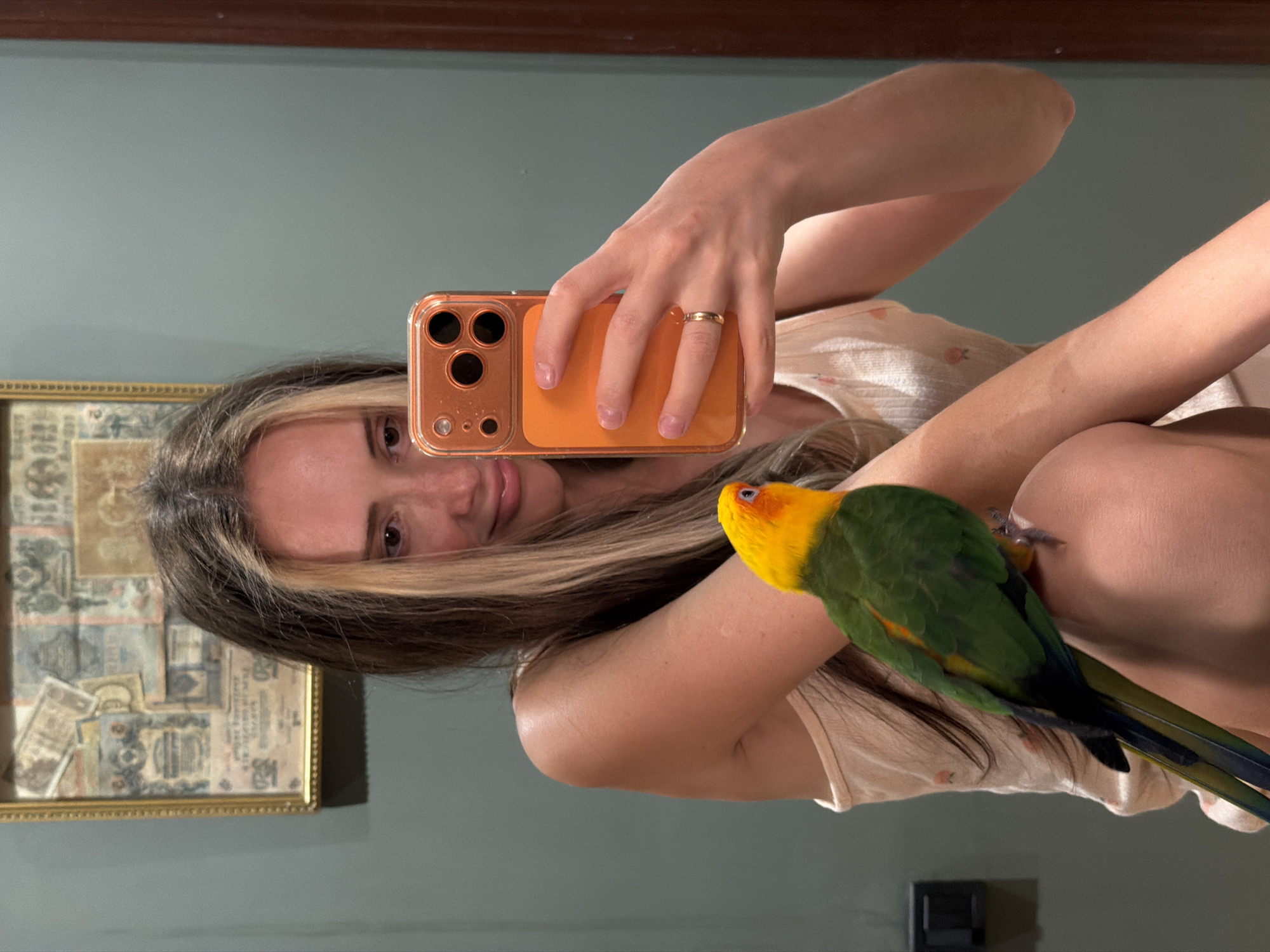 The image shows a young woman taking a mirror selfie, holding an orange-cased smartphone. She has long, brown and blonde hair and is wearing a light-colored, floral-patterned top. A small green and yellow parrot is perched on her arm.
The background appears to be a bathroom or dressing area, with a mint-green wall and a wooden frame on the left, possibly containing old documents or maps. The lighting suggests it is daytime, with natural light casting shadows. The overall mood seems relaxed and casual. The woman's expression is a slight smile, and the presence of the pet bird adds a personal touch to the scene. No visible text is present in the image. The location context is Khimki, Russia.