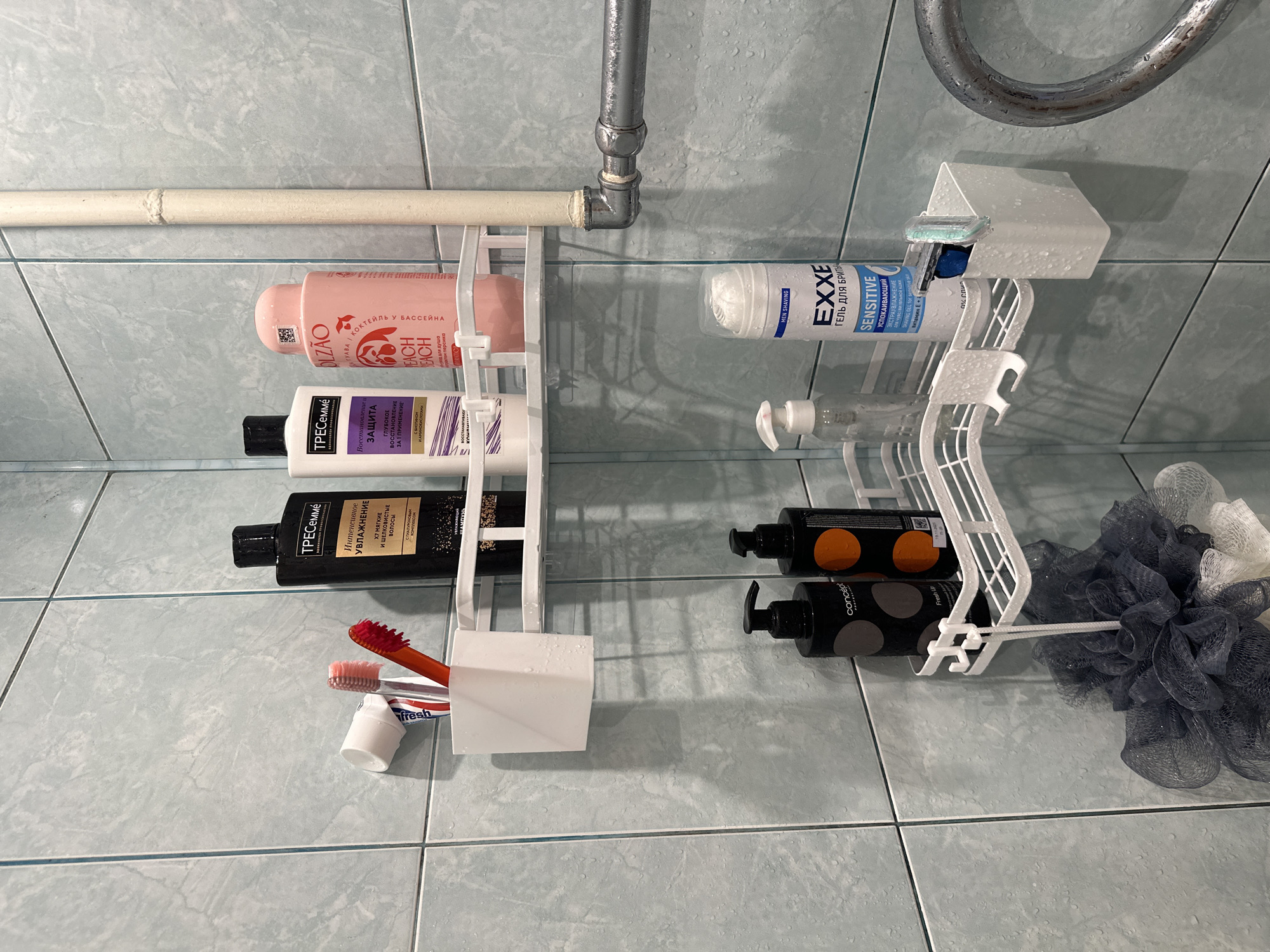 This is a close-up, overhead shot of a bathroom shower area. The light blue tiled wall and floor are damp with water droplets. A white plastic shower caddy hangs from the shower plumbing and holds various toiletries. From left to right, the caddy contains a pink bottle labeled "OLZÃO BEACH", two bottles of Tresemme shampoo, toothpaste, two toothbrushes, a tube of toothpaste labeled "fresh", a can of EXXE shaving gel with a razor, an empty bottle with a pump dispenser, two bottles of Concept hair products, and a grey and white shower loofah. The location may be inferred to be Krasnoyarsk, Russia, based on the Cyrillic script on the product labels.