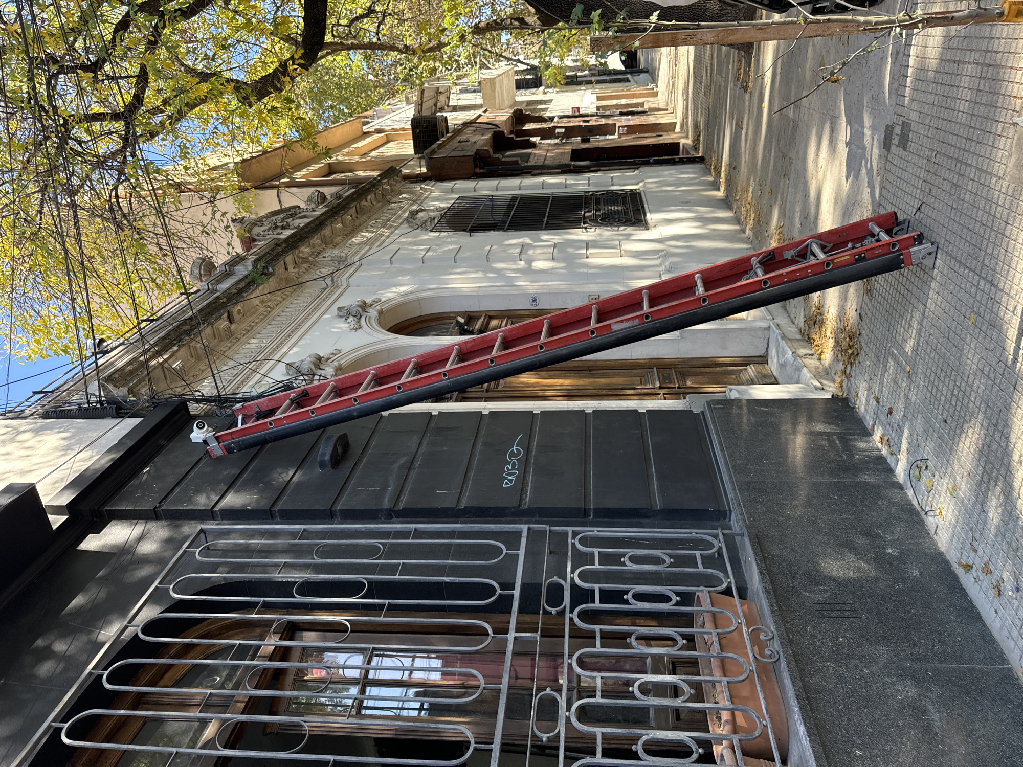 An upward-angled view captures the ornate facade of a building in Buenos Aires, Argentina, under a bright, sunny sky. A red and black extension ladder leans diagonally against the white building, extending from a black awning or balcony towards a window with a metal grate. Below the ladder, a ground-level entrance is secured by an elaborate metal grate, behind which a wooden door is visible.
The building exhibits classical architectural details, including intricate cornices, moldings, and decorative elements around an arched window opening. A large tree with vibrant yellow-green autumn leaves and numerous overhead wires overhangs the scene from the top left. The sidewalk on the right is paved with small square tiles, with scattered fallen leaves. A security camera is mounted above the lower window.
Visible text includes "5366" painted on the building facade near the ladder. Below the ladder, on a black surface, a stylized "2030" is written. The scene, bathed in clear daylight, suggests a quiet urban setting, possibly undergoing maintenance or repair.