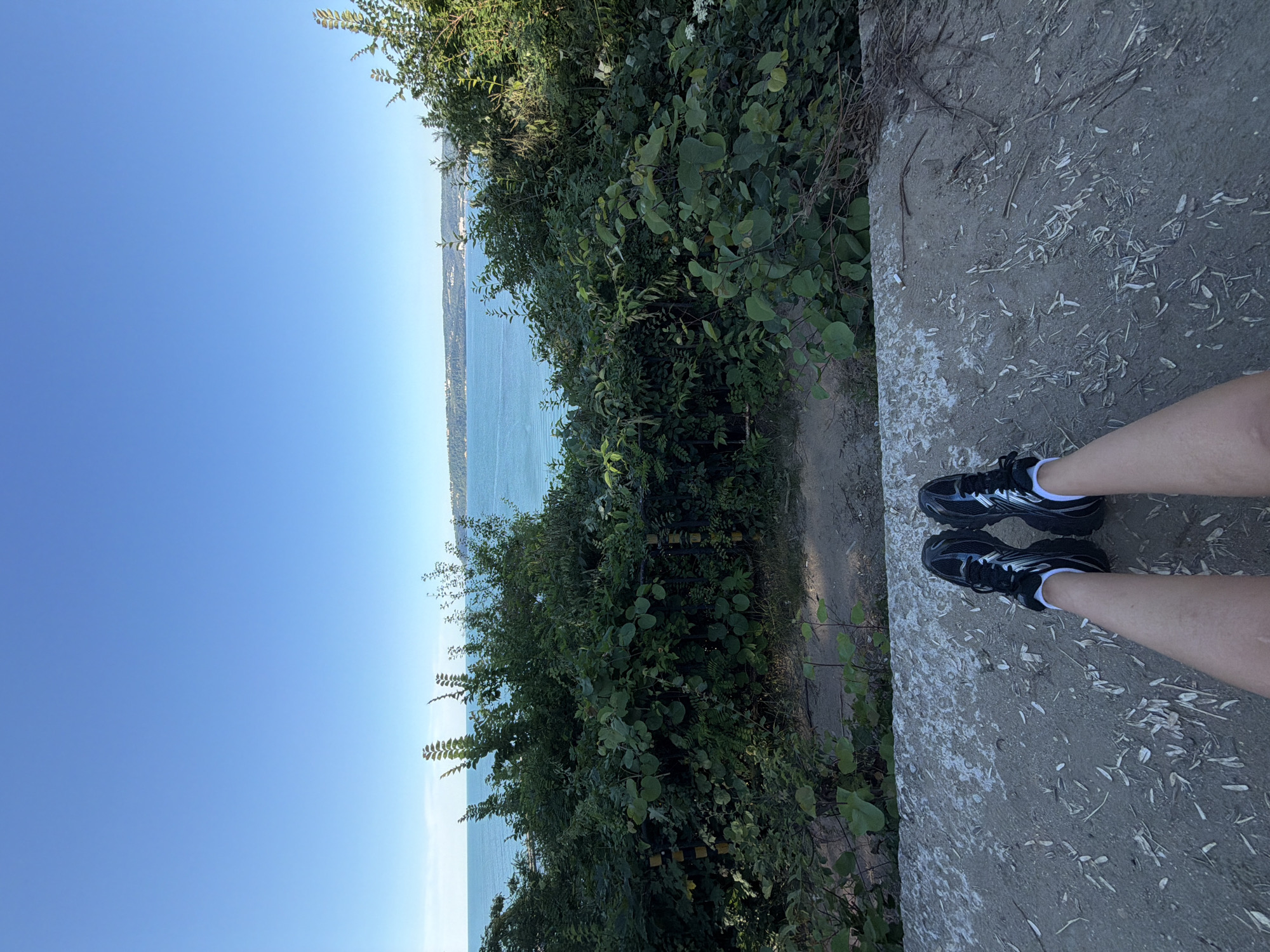 The image shows a person's legs and feet wearing black sneakers with white socks, sitting on a concrete ledge. Behind the person is a lush green landscape with dense bushes and trees. Beyond the greenery, a vast expanse of blue water, likely the Black Sea, stretches to the horizon. In the distance, along the coastline, a faint line of buildings and hills is visible, suggesting an urban or suburban area. The sky is a clear, bright blue. This scene is located at the Sea Garden (Morska Gradina) in Varna, Bulgaria, a large, hilly park that overlooks the Black Sea.