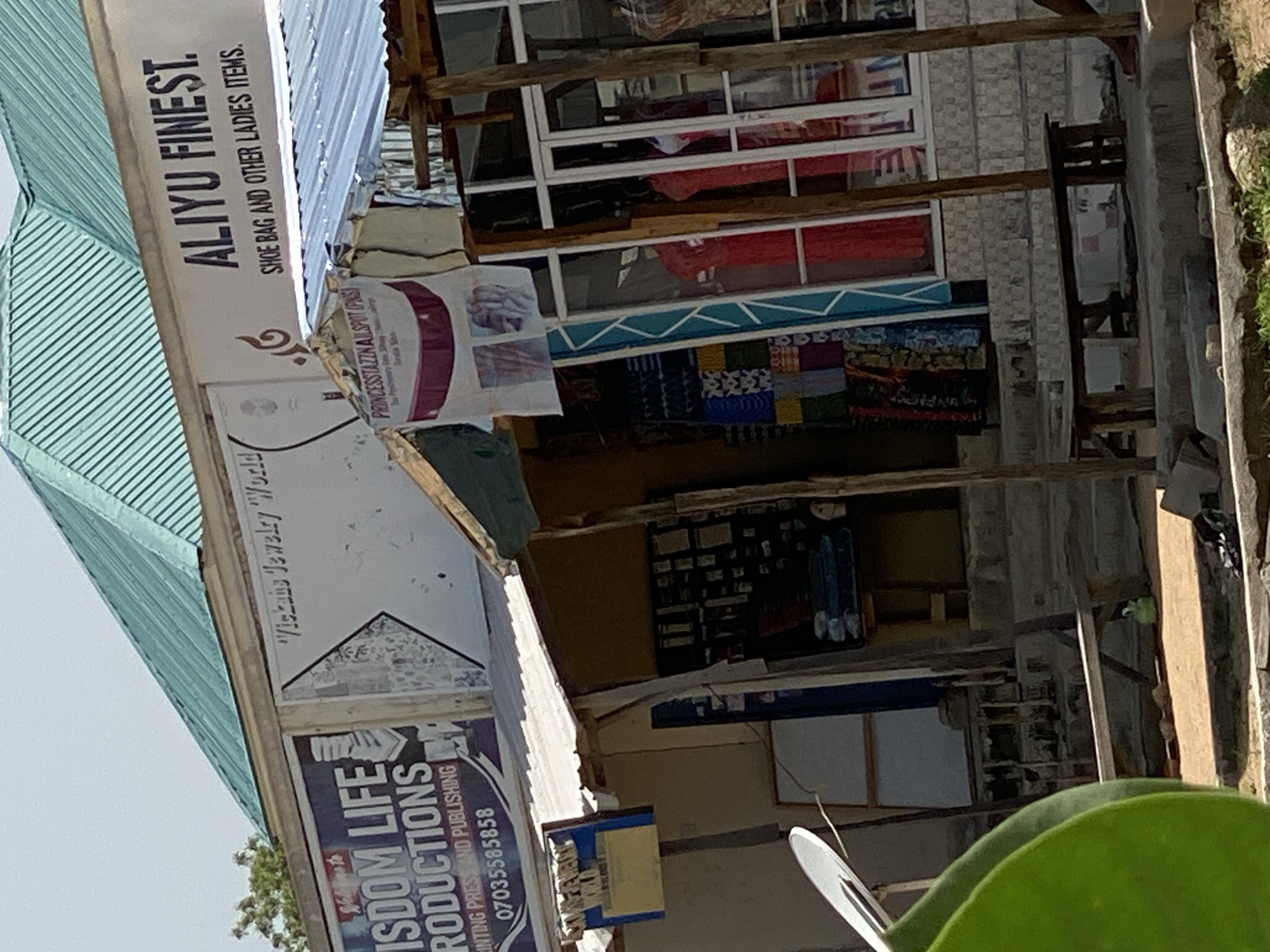 The image shows a street-level view of a shop in Jalingo, Nigeria. The shop features a prominent sign reading "ALIYU FINEST. SHOE BAG AND OTHER LADIES ITEMS." Above this sign, a blue-green corrugated metal roof is visible, typical of many buildings in the region. To the left, another sign advertises "WISDOM LIFE PRODUCTIONS. PRINTING PRESS AND PUBLISHING" with a phone number. Various merchandise, including colorful textiles and what appear to be clothing items, are displayed outside the shop. A white satellite dish is also visible. The overall scene depicts a commercial area in a Nigerian city, with the buildings showing signs of wear and tear, and the environment appearing somewhat dusty.
