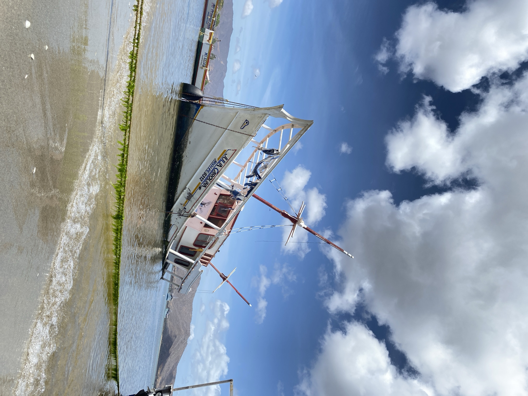 The image shows a white boat named "Julia Carolina" resting on the shore in the city of Juan Griego, Venezuela. The boat is partially submerged in shallow water, with green algae visible along the waterline. The sky is blue with scattered white clouds. Mountains are seen in the background. The boat has a red mast. There are no people visible. The hull of the boat contains the registration number ARSH-FE-0312.