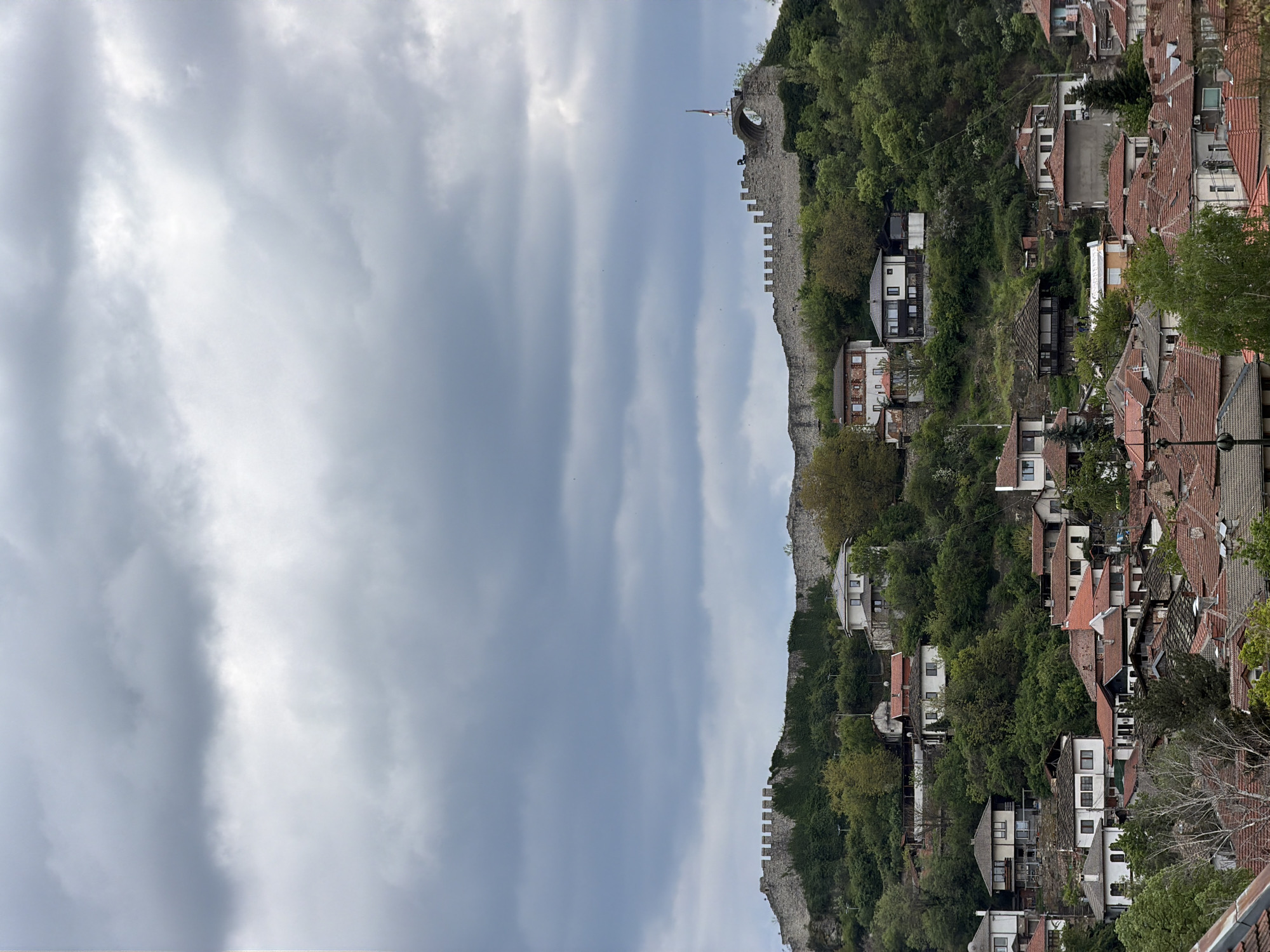 This outdoor shot presents a scene in Lovech, Bulgaria. The frame is split between a clouded sky and the urban landscape below. The sky occupies the left half with layered gray clouds dominating the view. On the right half, a stone wall stretches along a hillside. Houses with red-tiled roofs and mixed architecture are nestled amidst dense trees. The houses are tightly packed, suggesting an established residential area. The overall environment is lush and appears to be late spring or summer, considering the greenery. There is no visible presence of people in the shot.