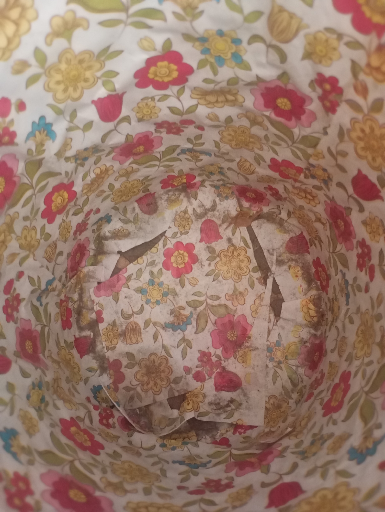 This is a close-up, downward-facing shot of the inside of a fabric bag with a floral pattern. The fabric is white with various flowers and leaves in shades of pink, red, yellow, blue, and green. The pattern appears to be vintage or retro in style. The inside of the bag appears dirty, with visible dust, grime, and possibly mold in several areas, particularly concentrated in the center where the fabric has ripped or is folded in a way that exposes a darker interior. The bag is empty of any distinct objects, but the material itself is the subject. There are no people present, and no actions are taking place. The location in Lassan, Pakistan is not determinable from the visual information provided.