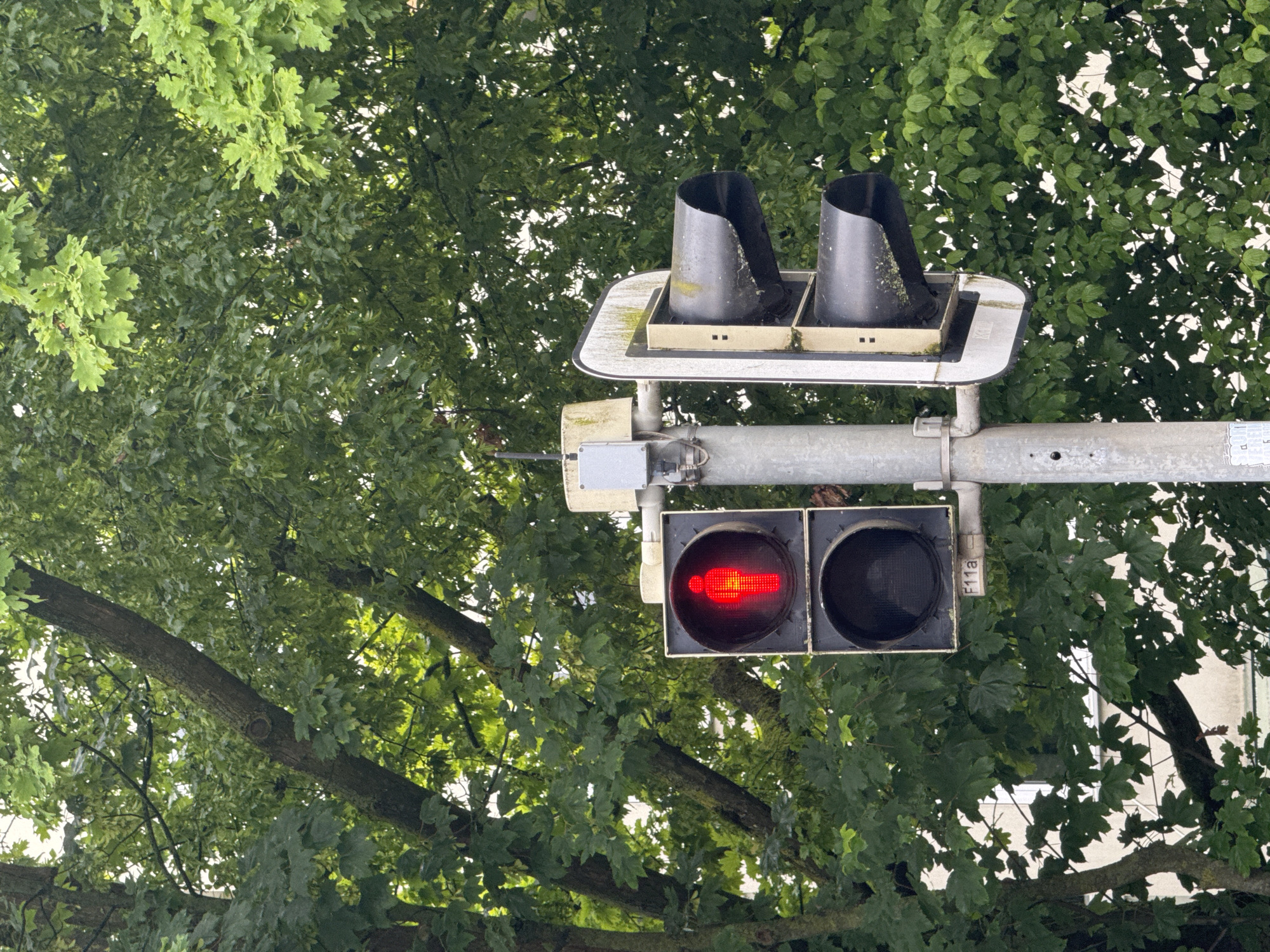 A traffic light for pedestrians displays a red standing figure, indicating stop. The light is mounted on a pole adjacent to a traffic light for vehicles, which has two black signal heads facing right, with no lights illuminated. The traffic lights are positioned in front of lush green trees. The scene appears to be an outdoor urban setting.