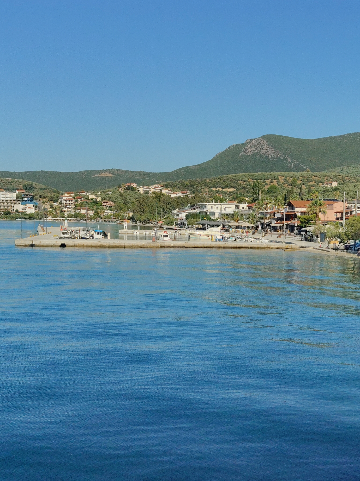 The image shows a tranquil coastal scene in the Municipal Unit of Pelasgia, Greece, under a clear blue sky. In the foreground, calm, deep blue water fills the lower half of the frame, with subtle ripples indicating a gentle breeze. A concrete pier juts out into the water, serving as a docking area for several small boats. These boats, varying in size and color, are moored along the pier, some appearing to be fishing vessels with their fishing gear visible.
Beyond the pier, a shoreline town unfolds. Buildings of various architectural styles, including multi-story structures and smaller houses with red-tiled roofs, are nestled along the coast. Many of these buildings appear to house shops and restaurants, with outdoor seating areas visible, suggesting a lively waterfront. Green, undulating hills covered in dense vegetation, likely olive groves, rise behind the town, forming a natural backdrop. The sun is bright, casting distinct shadows and illuminating the scene with a warm light, indicative of a clear day. There are no people prominently visible in the frame.