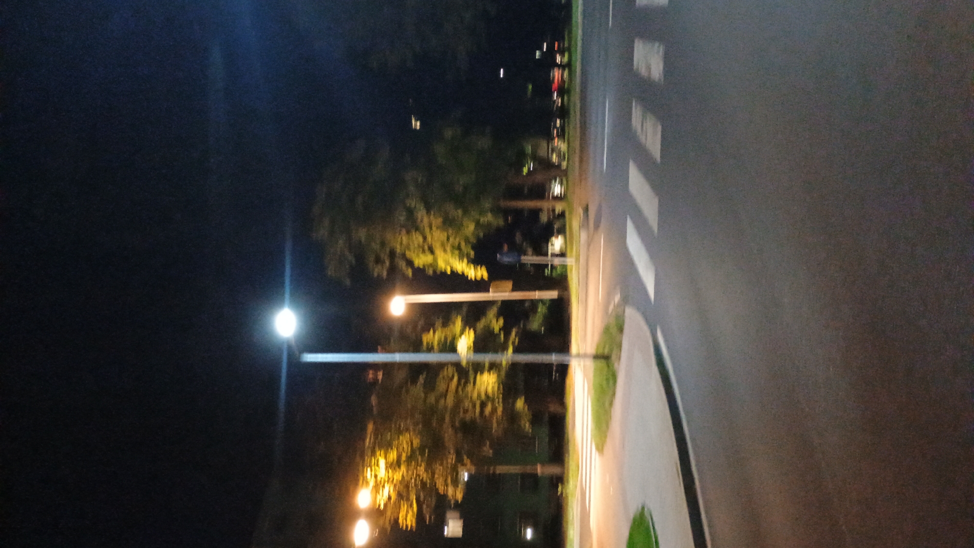 The image depicts a street scene at night in Sokolov, Czechia. A pedestrian crossing is visible on the asphalt road, marked by white stripes. Several streetlights illuminate the area, with one prominent lamppost in the foreground casting a bright light. Trees with yellowing foliage line the street, suggesting it is autumn. In the background, buildings and parked cars are dimly visible, illuminated by the streetlights and ambient light. The scene appears quiet and sparsely populated.