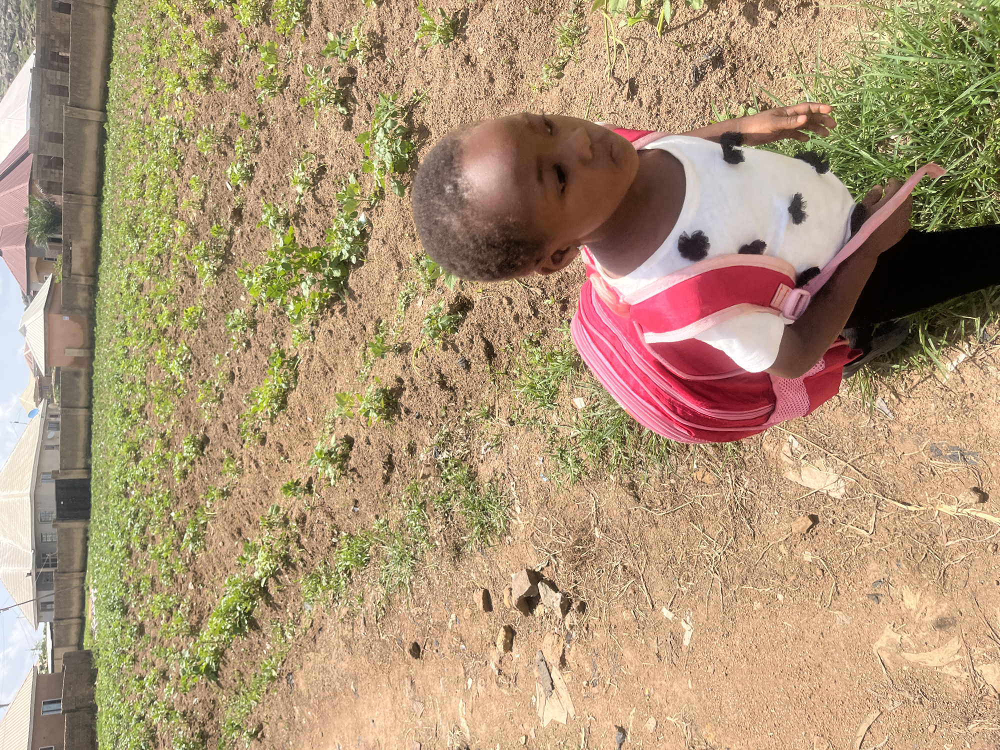 The image shows a young girl wearing a white shirt with black polka dots and a pink backpack. She is standing on a patch of dirt with some green grass and small plants growing. In the background, there are buildings and a wall. The scene appears to be outdoors, likely in a rural or semi-urban area given the presence of dirt ground and vegetation alongside structures. The lighting suggests it is daytime, with sunlight casting shadows, indicating it could be late morning or afternoon. The girl's gaze is directed upward and to the side, giving a sense of curiosity or perhaps distraction. There is no visible text in the image. The overall impression is one of a child in a natural or semi-developed environment.