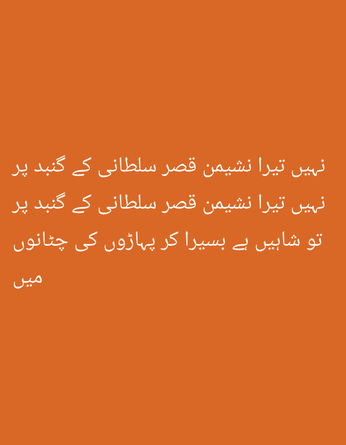 The image displays white Urdu text on an orange background. The text reads:
"نہیں تیرا نشیمن قصر سلطانی کے گنبد پر
نہیں تیرا نشیمن قصر سلطانی کے گنبد پر
تو شاہیں ہے، بسیر ا کر پہاڑوں کی چٹانوں میں"
Which translates to:
"Your abode is not on the dome of a royal palace
Your abode is not on the dome of a royal palace
You are a falcon, make your abode in the rocks of the mountains"
This is a famous couplet by the Pakistani poet Allama Muhammad Iqbal. The image does not depict any specific location in Peshawar City Tehsil, Pakistan, but rather uses text to convey a message. There are no people, subjects, objects, or actions visible in the image other than the text itself. The environment is simply a solid orange background.