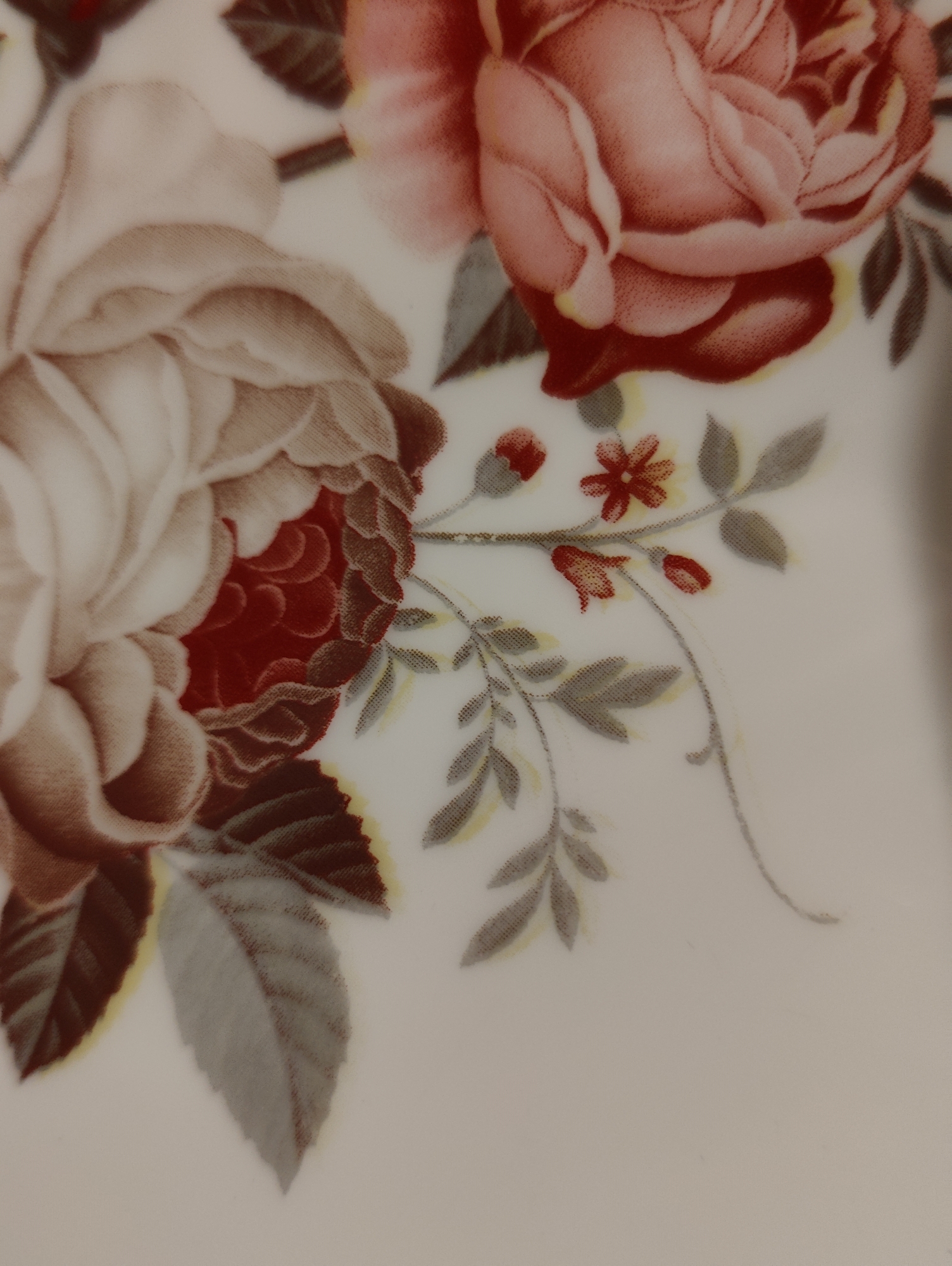 A close-up, high-angle shot of a floral pattern on a white ceramic surface. The pattern features two large, detailed roses in shades of pink and red, with intricate petal formations. Surrounding the roses are various leaves in muted gray and brown tones, with subtle yellow accents. Smaller red floral buds and a single small red flower with a yellow center are also visible. The design has a textured, almost painted appearance.